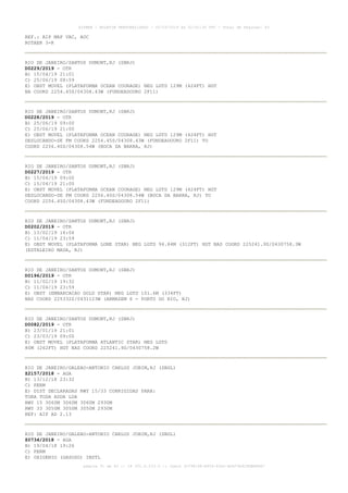 REF.: AIP MAP VAC, AOC
ROTAER 3-R
RIO DE JANEIRO/SANTOS DUMONT,RJ (SBRJ)
D0229/2019 - OTR
B) 15/04/19 21:01
C) 25/06/19 08:59
E) OBST MOVEL (PLATAFORMA OCEAN COURAGE) NEG LGTD 129M (424FT) HGT
NA COORD 2254.45S/04308.43W (FUNDEADOURO 2F11)
RIO DE JANEIRO/SANTOS DUMONT,RJ (SBRJ)
D0228/2019 - OTR
B) 25/06/19 09:00
C) 25/06/19 21:00
E) OBST MOVEL (PLATAFORMA OCEAN COURAGE) NEG LGTD 129M (424FT) HGT
DESLOCANDO-SE FM COORD 2254.45S/04308.43W (FUNDEADOURO 2F11) TO
COORD 2256.40S/04308.54W (BOCA DA BARRA, RJ)
RIO DE JANEIRO/SANTOS DUMONT,RJ (SBRJ)
D0227/2019 - OTR
B) 15/04/19 09:00
C) 15/04/19 21:00
E) OBST MOVEL (PLATAFORMA OCEAN COURAGE) NEG LGTD 129M (424FT) HGT
DESLOCANDO-SE FM COORD 2256.40S/04308.54W (BOCA DA BARRA, RJ) TO
COORD 2254.45S/04308.43W (FUNDEADOURO 2F11)
RIO DE JANEIRO/SANTOS DUMONT,RJ (SBRJ)
D0202/2019 - OTR
B) 13/02/19 16:06
C) 11/04/19 23:59
E) OBST MOVEL (PLATAFORMA LONE STAR) NEG LGTD 94.84M (312FT) HGT NAS COORD 225241.9S/0430758.3W
(ESTALEIRO MAUA, RJ)
RIO DE JANEIRO/SANTOS DUMONT,RJ (SBRJ)
D0196/2019 - OTR
B) 11/02/19 19:32
C) 11/04/19 23:59
E) OBST (EMBARCACAO GOLD STAR) NEG LGTD 101.6M (334FT)
NAS COORD 225332S/0431123W (ARMAZEM 6 - PORTO DO RIO, RJ)
RIO DE JANEIRO/SANTOS DUMONT,RJ (SBRJ)
D0082/2019 - OTR
B) 23/01/19 21:01
C) 23/03/19 09:00
E) OBST MOVEL (PLATAFORMA ATLANTIC STAR) NEG LGTD
80M (262FT) HGT NAS COORD 225241.9S/0430758.2W
RIO DE JANEIRO/GALEAO-ANTONIO CARLOS JOBIM,RJ (SBGL)
Z2157/2018 - AGA
B) 13/12/18 23:32
C) PERM
E) DIST DECLARADAS RWY 15/33 CORRIGIDAS PARA:
TORA TODA ASDA LDA
RWY 15 3060M 3060M 3060M 2930M
RWY 33 3050M 3050M 3050M 2930M
REF: AIP AD 2.13
RIO DE JANEIRO/GALEAO-ANTONIO CARLOS JOBIM,RJ (SBGL)
Z0734/2018 - AGA
B) 19/04/18 19:26
C) PERM
E) OXIGENIO (GASOSO) INSTL
AISWEB - BOLETIM PERSONALIZADO - 02/03/2019 às 02:42:30 UTC - Total de Páginas: 43
página 31 de 43 :: IP 201.6.233.0 :: check 3C798198-E456-40DC-BCA70A929DBB88A7
 