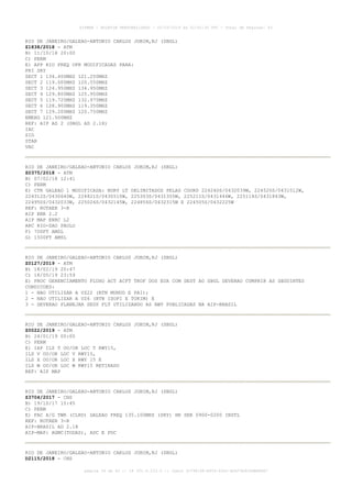 RIO DE JANEIRO/GALEAO-ANTONIO CARLOS JOBIM,RJ (SBGL)
Z1838/2018 - ATM
B) 11/10/18 20:00
C) PERM
E) APP RIO FREQ OPR MODIFICADAS PARA:
PRI SRY
SECT 1 134.400MHZ 121.250MHZ
SECT 2 119.000MHZ 120.550MHZ
SECT 3 124.950MHZ 134.950MHZ
SECT 4 129.800MHZ 125.950MHZ
SECT 5 119.725MHZ 132.975MHZ
SECT 6 128.900MHZ 119.350MHZ
SECT 7 129.200MHZ 120.750MHZ
EMERG 121.500MHZ
REF: AIP AD 2 (SBGL AD 2.18)
IAC
SID
STAR
VAC
RIO DE JANEIRO/GALEAO-ANTONIO CARLOS JOBIM,RJ (SBGL)
Z0375/2018 - ATM
B) 07/02/18 12:41
C) PERM
E) CTR GALEAO 1 MODIFICADA: BDRY LT DELIMITADOS PELAS COORD 224240S/0432039W, 224520S/0431512W,
224312S/0430640W, 224821S/0430510W, 225303S/0431355W, 225211S/0431446W, 225114S/0431843W,
224950S/0432033W, 225026S/0432145W, 224856S/0432315W E 224505S/0432225W
REF: ROTAER 3-R
AIP ENR 2.2
AIP MAP ENRC L2
ARC RIO-SAO PAULO
F) 700FT AMSL
G) 1500FT AMSL
RIO DE JANEIRO/GALEAO-ANTONIO CARLOS JOBIM,RJ (SBGL)
Z0127/2019 - ATM
B) 18/02/19 20:47
C) 18/05/19 23:59
E) PROC GERENCIAMENTO FLUXO ACT ACFT TKOF DOS EUA COM DEST AO SBGL DEVERAO CUMPRIR AS SEGUINTES
CONDICOES:
1 - NAO UTILIZAR A UZ22 (BTN MUNUD E PAI);
2 - NAO UTILIZAR A UZ6 (BTN ISOPI E TOKIM) E
3 - DEVERAO PLANEJAR SEUS FLT UTILIZANDO AS AWY PUBLICADAS NA AIP-BRASIL
RIO DE JANEIRO/GALEAO-ANTONIO CARLOS JOBIM,RJ (SBGL)
Z0022/2019 - ATM
B) 24/01/19 00:00
C) PERM
E) IAP ILS T OU/OR LOC T RWY15,
ILS V OU/OR LOC V RWY15,
ILS X OU/OR LOC X RWY 15 E
ILS W OU/OR LOC W RWY15 RETIRADO
REF: AIP MAP
RIO DE JANEIRO/GALEAO-ANTONIO CARLOS JOBIM,RJ (SBGL)
Z3704/2017 - CNS
B) 19/10/17 15:45
C) PERM
E) FAC A/G TWR (CLRD) GALEAO FREQ 135.100MHZ (SRY) HR SER 0900-0200 INSTL
REF: ROTAER 3-R
AIP-BRASIL AD 2.18
AIP-MAP: AGMC(TODAS), ADC E PDC
RIO DE JANEIRO/GALEAO-ANTONIO CARLOS JOBIM,RJ (SBGL)
D2115/2018 - CNS
AISWEB - BOLETIM PERSONALIZADO - 02/03/2019 às 02:42:30 UTC - Total de Páginas: 43
página 34 de 43 :: IP 201.6.233.0 :: check 3C798198-E456-40DC-BCA70A929DBB88A7
 