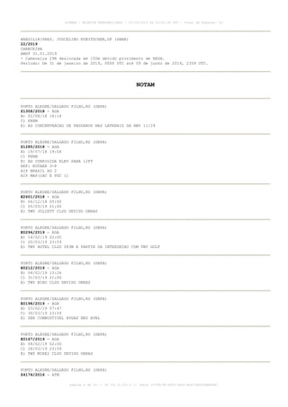 BRASILIA/PRES. JUSCELINO KUBITSCHEK,DF (SBBR)
22/2019
CABECEIRA
AMDT 31.01.2019
- Cabeceira 29R deslocada em 150m devido provimento de RESA.
Período: De 31 de janeiro de 2019, 0000 UTC até 09 de junho de 2019, 2359 UTC.
NOTAM
PORTO ALEGRE/SALGADO FILHO,RS (SBPA)
Z1308/2018 - AGA
B) 02/08/18 18:14
C) PERM
E) AD CONCENTRACAO DE PASSAROS NAS LATERAIS DA RWY 11/29
PORTO ALEGRE/SALGADO FILHO,RS (SBPA)
Z1285/2018 - AGA
B) 19/07/18 19:04
C) PERM
E) AD CORRIGIDA ELEV PARA 12FT
REF: ROTAER 3-P
AIP BRASIL AD 2
AIP MAP(IAC E PDC 1)
PORTO ALEGRE/SALGADO FILHO,RS (SBPA)
E2601/2018 - AGA
B) 06/12/18 00:00
C) 05/03/19 21:00
E) TWY JULIETT CLSD DEVIDO OBRAS
PORTO ALEGRE/SALGADO FILHO,RS (SBPA)
E0296/2019 - AGA
B) 14/02/19 02:00
C) 20/03/19 23:59
E) TWY HOTEL CLSD 283M A PARTIR DA INTERSECAO COM TWY GOLF
PORTO ALEGRE/SALGADO FILHO,RS (SBPA)
E0212/2019 - AGA
B) 04/02/19 13:26
C) 31/03/19 21:00
E) TWY ECHO CLSD DEVIDO OBRAS
PORTO ALEGRE/SALGADO FILHO,RS (SBPA)
E0198/2019 - AGA
B) 03/02/19 07:47
C) 30/03/19 23:59
E) SER COMBUSTIVEL AVGAS NEG AVBL
PORTO ALEGRE/SALGADO FILHO,RS (SBPA)
E0167/2019 - AGA
B) 08/02/19 02:00
C) 28/03/19 23:59
E) TWY MIKE2 CLSD DEVIDO OBRAS
PORTO ALEGRE/SALGADO FILHO,RS (SBPA)
Z4174/2016 - ATM
AISWEB - BOLETIM PERSONALIZADO - 02/03/2019 às 02:42:30 UTC - Total de Páginas: 43
página 6 de 43 :: IP 201.6.233.0 :: check 3C798198-E456-40DC-BCA70A929DBB88A7
 