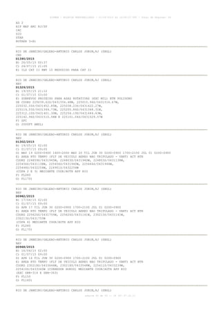 AISWEB - BOLETIM PERSONALIZADO - 01/06/2015 às 14:58:27 UTC - Total de Páginas: 56
página 45 de 56 :: IP 187.37.22.11
AD 2
AIP MAP ARC RJ/SP
IAC
SID
STAR
ROTAER 3-R)
RIO DE JANEIRO/GALEAO-ANTONIO CARLOS JOBIM,RJ (SBGL)
CNS
D1390/2015
B) 26/05/15 00:37
C) 24/07/15 21:00
E) ILS CAT II RWY 10 REDUZIDO PARA CAT I)
RIO DE JANEIRO/GALEAO-ANTONIO CARLOS JOBIM,RJ (SBGL)
NAV
D1329/2015
B) 19/05/15 21:12
C) 01/07/15 03:00
E) SOBREVOO PROIBIDO PARA ASAS ROTATIVAS (EXC MIL) BTN POLIGONO
DE COORD 225039.62S/0431554.48W, 225010.94S/0431516.67W,
225032.55S/0431452.85W, 225038.23S/0431422.27W,
225114.03S/0431344.73W, 225205.84S/0431348.31W,
225312.10S/0431401.30W, 225254.19S/0431444.43W,
225142.96S/0431510.94W E 225101.04S/0431529.57W
F) SFC
G) 2000FT AMSL)
RIO DE JANEIRO/GALEAO-ANTONIO CARLOS JOBIM,RJ (SBGL)
NAV
D1302/2015
B) 19/05/15 02:00
C) 01/07/15 09:00
D) MAY 19 0200-0900 1600-2000 MAY 20 TIL JUN 30 0200-0900 1700-2100 JUL 01 0200-0900
E) AREA RTO TEMPO (FLT DE VEICULO AEREO NAO TRIPULADO - VANT) ACT BTN
COORD 224859S/0431945W, 224803S/0431940W, 224803S/0431138W,
225456S/0431138W, 225456S/0431940W, 225446S/0431944W,
225448S/0432254W, 224901S/0432254W
(COPA 2 E 3) MEDIANTE COOR/AUTH APP RIO
F) FL080
G) FL170)
RIO DE JANEIRO/GALEAO-ANTONIO CARLOS JOBIM,RJ (SBGL)
NAV
D0982/2015
B) 17/04/15 02:00
C) 01/07/15 09:00
D) APR 17 TIL JUN 30 0200-0900 1700-2100 JUL 01 0200-0900
E) AREA RTO TEMPO (FLT DE VEICULO AEREO NAO TRIPULADO - VANT) ACT BTN
COORD 225626S/0431755W, 225626S/0431141W, 230213S/0431141W,
230213S/0431755W
(COPA 4) MEDIANTE COOR/AUTH APP RIO
F) FL080
G) FL170)
RIO DE JANEIRO/GALEAO-ANTONIO CARLOS JOBIM,RJ (SBGL)
NAV
D0968/2015
B) 16/04/15 02:00
C) 01/07/15 09:00
D) APR 16 TIL JUN 30 0200-0900 1700-2100 JUL 01 0200-0900
E) AREA RTO TEMPO (FLT DE VEICULO AEREO NAO TRIPULADO - VANT) ACT BTN
COORD 230218S/0433646W, 230218S/0433548W, 225411S/0433239W,
225410S/0433340W (CORREDOR HORUS) MEDIANTE COOR/AUTH APP RIO
(EXC SBR-314 E SBR-363)
F) FL150
G) FL160)
RIO DE JANEIRO/GALEAO-ANTONIO CARLOS JOBIM,RJ (SBGL)
 