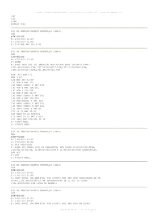 AISWEB - BOLETIM PERSONALIZADO - 02/11/2015 às 11:21:33 UTC - Total de Páginas: 59
página 41 de 59 :: IP 177.32.137.6
IAC
SID
STAR
ROTAER 3-R)
RIO DE JANEIRO/SANTOS DUMONT,RJ (SBRJ)
CNS
D2435/2015
B) 20/10/15 12:19
C) 20/12/15 11:30
E) LLZ/DME RWY 20L U/S)
RIO DE JANEIRO/SANTOS DUMONT,RJ (SBRJ)
NAV
Z2794/2015
B) 07/10/15 17:10
C) PERM
E) AREA PRGO SBD 321 (MARICA) MODIFICADO BDRY LATERAIS PARA:
2251.46S/04249.73W, 2257.27S/04257.03W,2257.33S/04242.03W,
2250.32S/04247.02W,2251.46S/04249.73W
REF: AIP ENR 5.1
ENR 6 L2
AIP MAP ARC RJ/SP
IAC NDB X RWY 20L
IAC RNAV (GNSS) Z RWY 02R
IAC VOR A RWY 02R/20L
IAC NDB Y 20L/20R
IAC NDB B RWY 02/20
IAC RNAV (GNSS) Z RWY 20L
IAC NDB X RWY 20L/20R
IAC RNAV(GNSS) Y RWY 02R
IAC RNAV (GNSS) Y RWY 20L
IAC RNAV (GNSS) X RWY 20L
IAC RNAV (RNP) X RWY20L
SID IH 1D RWY 02/20
SID RNAV 1H 1A 02R/02L
SID RNAV IH 1C RWY 02/20
SID SBRJ RWY 02R/02L IH 1B
F) 500FT AMSL
G) 2000FT AMSL
RIO DE JANEIRO/SANTOS DUMONT,RJ (SBRJ)
NAV
D2097/2015
B) 14/09/15 09:00
C) 07/12/15 20:00
D) DLY 0900-2000
E) AREA RTO TEMPO (VOO DE PARAPENTE) BTN COORD 223102S/0431859W,
223040S/0430243W, 223358S/0430214W E 223755S/0431855W (PETROPOLIS,
RJ) ACT
F) SFC
G) 6000FT AMSL)
RIO DE JANEIRO/SANTOS DUMONT,RJ (SBRJ)
OTR
D2495/2015
B) 16/11/15 09:01
C) 16/11/15 21:00
E) OBST MOVEL (SAIPEM FDS) 93M (305FT) HGT NEG LGTD DESLOCANDO-SE FM
COORD 2254.466S/04308.526W (FUNDEADOURO 2F11, RJ) TO COORD
2256.40S/04308.53W (BOCA DA BARRA))
RIO DE JANEIRO/SANTOS DUMONT,RJ (SBRJ)
OTR
D2494/2015
B) 09/11/15 21:01
C) 16/11/15 09:00
E) OBST MOVEL (SAIPEM FDS) 93M (305FT) HGT NEG LGTD NA COORD
 