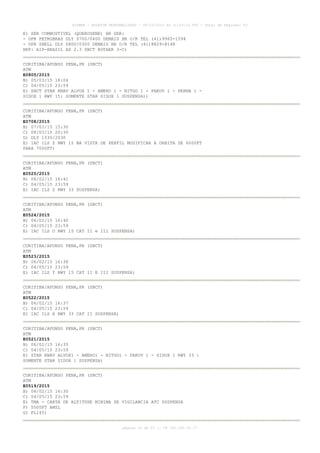 AISWEB - BOLETIM PERSONALIZADO - 08/03/2015 às 11:53:33 UTC - Total de Páginas: 53
página 10 de 53 :: IP 191.181.35.77
E) SER COMBUSTIVEL (QUEROSENE) HR SER:
- OPR PETROBRAS DLY 0700/0400 DEMAIS HR O/R TEL (41)9965-1594
- OPR SHELL DLY 0800/0300 DEMAIS HR O/R TEL (41)8829-8148
REF: AIP-BRASIL AD 2.3 SBCT ROTAER 3-C)
CURITIBA/AFONSO PENA,PR (SBCT)
ATM
E0805/2015
B) 05/03/15 18:04
C) 04/05/15 23:59
E) SBCT STAR RNAV ALVOX 1 - AMERO 1 - NITGO 1 - PAKOV 1 - PERNA 1 -
SIDOX 1 RWY 15: SOMENTE STAR SIDOX 1 SUSPENSA))
CURITIBA/AFONSO PENA,PR (SBCT)
ATM
E0708/2015
B) 07/03/15 15:30
C) 08/03/15 20:30
D) DLY 1530/2030
E) IAC ILS Z RWY 15 NA VISTA DE PERFIL MODIFICAR A ORBITA DE 6000FT
PARA 7000FT)
CURITIBA/AFONSO PENA,PR (SBCT)
ATM
E0525/2015
B) 06/02/15 16:41
C) 04/05/15 23:59
E) IAC ILS Z RWY 33 SUSPENSA)
CURITIBA/AFONSO PENA,PR (SBCT)
ATM
E0524/2015
B) 06/02/15 16:40
C) 04/05/15 23:59
E) IAC ILS U RWY 15 CAT II e III SUSPENSA)
CURITIBA/AFONSO PENA,PR (SBCT)
ATM
E0523/2015
B) 06/02/15 16:38
C) 04/05/15 23:59
E) IAC ILS Y RWY 15 CAT II E III SUSPENSA)
CURITIBA/AFONSO PENA,PR (SBCT)
ATM
E0522/2015
B) 06/02/15 16:37
C) 04/05/15 23:59
E) IAC ILS X RWY 33 CAT II SUSPENSA)
CURITIBA/AFONSO PENA,PR (SBCT)
ATM
E0521/2015
B) 06/02/15 16:35
C) 04/05/15 23:59
E) STAR RNAV ALVOX1 - AMERO1 - NITGO1 - PAKOV 1 - SIDOX 1 RWY 33 :
SOMENTE STAR SIDOX 1 SUSPENSA)
CURITIBA/AFONSO PENA,PR (SBCT)
ATM
E0519/2015
B) 06/02/15 16:30
C) 04/05/15 23:59
E) TMA - CARTA DE ALTITUDE MINIMA DE VIGILANCIA ATC SUSPENSA
F) 5500FT AMSL
G) FL145)
 