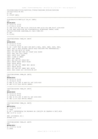 AISWEB - BOLETIM PERSONALIZADO - 08/03/2015 às 11:53:33 UTC - Total de Páginas: 53
página 9 de 53 :: IP 191.181.35.77
POLIGONOCOORD274353S/0485553W 275828S/0482604W 283916S/0485226W
282358S/0492217W RTO
F) SFC
G) 2000FT AMSL)
FLORIANOPOLIS/HERCILIO LUZ,SC (SBFL)
NAV
E0105/2015
B) 19/01/15 10:00
C) 07/04/15 02:00
D) JAN 19/20 TIL FEB 21/22 1000/0100 FEB 22/23 TIL APR 06/07 1100/0200
E) PJE SUBJ AUTH/COOR APP FLORIANOPOLIS ACONTECERA CENTRO COORD
280124S/0483648W (GAROPABA,SC) RAIO 03KM RTO
F) GND
G) FL145)
CURITIBA/AFONSO PENA,PR (SBCT)
AGA
Z0359/2015
B) 05/03/15 03:40
C) 27/05/15 23:59
E) AD - ACFT TKOF DE SBCT COM DEST A SBGL, SBCF, SBKP, SBSP, SBRJ,
SBGR, SBSJ E SBCX DEVERAO SEGUIR PELA SEGUINTE RTE PREFERENCIAL:
SBGL: W26 RDE EKIDI W7 ESORU
SBGL: DCT PNG UW47 RDE DCT VULET UZ42 ESORU
SBCF: UW47 RDE UZ23 OPKES
SBKP: URUTU UZ25 OBMAV
SBKP: ILSUM Z7 OBMAV
SBSP: UW47 NEGUS
SBRJ: W26 RDE DCT DORLU W53
SBRJ: UM548 RONUT UM400 KOLBI
SBGR: UM548 ANISE
SBGR: DCT PNG DCT IMBEK UW21 ANISE
SBSJ: UM548 ANISE
SBSJ: DCT PNG DCT IMBEK UW21 ANISE
SBCX: UW24 OCASO DCT 2907S05037W DCT
CURITIBA/AFONSO PENA,PR (SBCT)
AGA
E0434/2015
B) 02/03/15 03:00
C) 30/04/15 09:00
D) MAR 02 TIL APR 30 MON TIL SAT 0300/0900
E) RWY 15/33 CLSD DEVIDO OBRAS)
CURITIBA/AFONSO PENA,PR (SBCT)
AGA
E0433/2015
B) 02/03/15 03:00
C) 30/04/15 09:00
D) MAR 02 TIL APR 30 MON TIL SAT 0300/0900
E) RWY 11/29 CLSD DEVIDO OBRAS)
CURITIBA/AFONSO PENA,PR (SBCT)
AGA
E2073/2012
B) 27/06/12 12:55
C) PERM
E) AD - CONCENTRACAO DE PASSAROS NO CIRCUITO DE TRAFEGO E SECT APCH
RWY 15/33 E 11/29
REF: AIP-BRASIL AD 2
ROTAER 3-C)
CURITIBA/AFONSO PENA,PR (SBCT)
AGA
E2182/2011
B) 13/07/11 22:58
C) PERM
 