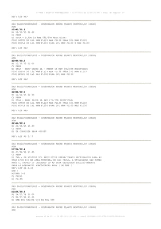 AISWEB - BOLETIM PERSONALIZADO - 11/07/2016 às 12:59:25 UTC - Total de Páginas: 65
página 28 de 65 :: IP 187.113.133.156 :: check 19245BAC-115C-4786-933CF31F901E342B
REF: AIP MAP
SAO PAULO/GUARULHOS - GOVERNADOR ANDRE FRANCO MONTORO,SP (SBGR)
ATM
Z2990/2015
B) 12/11/15 02:00
C) PERM
E) STAR - ILSOR 1B RWY 09L/09R MODIFICAR:
FIXO OPTUK DE LVL MNM FL120 MAX FL130 PARA LVL MNM FL120
FIXO KOVLA DE LVL MNM FL100 PARA LVL MNM FL100 E MAX FL130
REF: AIP MAP
SAO PAULO/GUARULHOS - GOVERNADOR ANDRE FRANCO MONTORO,SP (SBGR)
ATM
Z2989/2015
B) 12/11/15 02:00
C) PERM
E) STAR - RNAV UROSO 1A - UTBUR 1A RWY 09L/09R MODIFICAR:
FIXO OPTUK DE LVL MNM FL110 MAX FL130 PARA LVL MNM FL110
FIXO MOLKU DE LVL MAX FL090 PARA LVL MAX FL130
REF: AIP MAP
SAO PAULO/GUARULHOS - GOVERNADOR ANDRE FRANCO MONTORO,SP (SBGR)
ATM
Z2988/2015
B) 12/11/15 02:00
C) PERM
E) STAR - RNAV ILSOR 1A RWY 27L/27R MODIFICAR:
FIXO OPTUK DE LVL MNM FL120 MAX FL130 PARA LVL MNM FL120
FIXO KOVLA DE LVL MNM FL100 PARA LVL MNM FL100 MAX FL130
REF: AIP MAP
SAO PAULO/GUARULHOS - GOVERNADOR ANDRE FRANCO MONTORO,SP (SBGR)
ATM
Z2369/2015
B) 26/08/15 19:39
C) PERM
E) TA CORRIGIR PARA 8000FT
REF: AIP AD 2.17
SAO PAULO/GUARULHOS - GOVERNADOR ANDRE FRANCO MONTORO,SP (SBGR)
ATM
D0726/2014
B) 27/02/14 13:25
C) PERM
E) TMA - EM VIRTUDE DOS REQUISITOS OPERACIONAIS NECESSARIOS PARA AS
STAR E/OU SID NA AREA TERMINAL DE SAO PAULO, A UTILIZACAO DAS ROTAS
RNAV 5, SAINDO OU CHEGANDO DO AD SERA DESTINADA EXCLUSIVAMENTE
PARA AS AERONAVES HOMOLOGADAS RNAV 1 OU RNP 1
REF: AIP AD 2.22
ENR 3
ROTAER 3-S
F) FL055
G) FL195)
SAO PAULO/GUARULHOS - GOVERNADOR ANDRE FRANCO MONTORO,SP (SBGR)
CNS
D1024/2016
B) 24/05/16 21:00
C) 22/07/16 23:00
E) DME BCO CH107X U/S NA RDL 098
SAO PAULO/GUARULHOS - GOVERNADOR ANDRE FRANCO MONTORO,SP (SBGR)
CNS
 