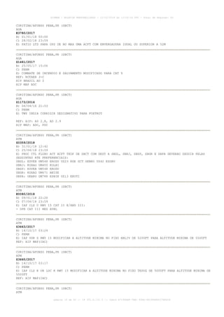 CURITIBA/AFONSO PENA,PR (SBCT)
AGA
E3780/2017
B) 01/01/18 00:00
C) 28/02/18 23:59
E) PATIO LTD PARA OPS DE NO MAX UMA ACFT COM ENVERGADURA IGUAL OU SUPERIOR A 52M
CURITIBA/AFONSO PENA,PR (SBCT)
AGA
Z1481/2017
B) 25/05/17 15:06
C) PERM
E) COMBATE DE INCENDIO E SALVAMENTO MODIFICADO PARA CAT 9
REF: ROTAER 3-C
AIP BRASIL AD 2
AIP MAP ADC
CURITIBA/AFONSO PENA,PR (SBCT)
AGA
Z1173/2016
B) 06/04/16 21:53
C) PERM
E) TWY INDIA CORRIGIR DESIGNATIVO PARA FOXTROT
REF: AIP: AD 2.8, AD 2.9
AIP MAP: ADC, PDC
CURITIBA/AFONSO PENA,PR (SBCT)
ATM
Z0359/2018
B) 31/01/18 12:42
C) 25/04/18 23:59
E) PROC CTL FLUXO ACT ACFT TKOF DE SBCT COM DEST A SBGL, SBRJ, SBSP, SBGR E SBPA DEVERAO SEGUIR PELAS
SEGUINTES RTE PREFERENCIAIS:
SBGL: EDVEB UM548 ERODU UZ23 RDE DCT GENKO UZ42 ESORU
SBRJ: KOXAG UM400 KOLBI
SBSP: EDVEB UM548 ERODU
SBGR: KOXAG UM671 ANISE
SBPA: UKARU UM788 ESNIK UZ13 EKUTI
CURITIBA/AFONSO PENA,PR (SBCT)
ATM
E0080/2018
B) 09/01/18 22:20
C) 07/04/18 23:59
E) IAP ILS U RWY 15 CAT II E/AND III:
- OPR CAT III NEG AVBL
CURITIBA/AFONSO PENA,PR (SBCT)
ATM
Z3663/2017
B) 14/10/17 03:24
C) PERM
E) IAP VOR Z RWY 15 MODIFICAR A ALTITUDE MINIMA NO FIXO ANLIV DE 5200FT PARA ALTITUDE MINIMA DE 5500FT
REF: AIP MAP(IAC)
CURITIBA/AFONSO PENA,PR (SBCT)
ATM
Z3660/2017
B) 14/10/17 03:17
C) PERM
E) IAP ILS K OR LOC K RWY 15 MODIFICAR A ALTITUDE MINIMA NO FIXO TEDUG DE 5000FT PARA ALTITUDE MINIMA DE
5500FT
REF: AIP MAP(IAC)
CURITIBA/AFONSO PENA,PR (SBCT)
ATM
AISWEB - BOLETIM PERSONALIZADO - 12/02/2018 às 13:24:16 UTC - Total de Páginas: 43
página 10 de 43 :: IP 201.6.131.5 :: check A7190ABF-7EB1-40E8-86295A86C27E6D1A
 