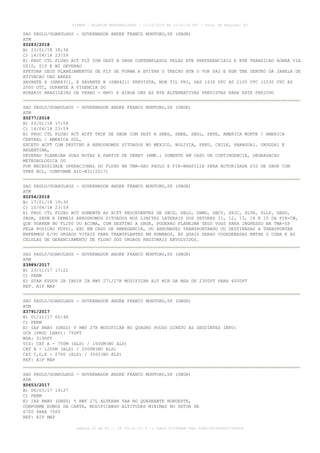 SAO PAULO/GUARULHOS - GOVERNADOR ANDRE FRANCO MONTORO,SP (SBGR)
ATM
Z0283/2018
B) 23/01/18 18:34
C) 14/04/18 23:59
E) PROC CTL FLUXO ACT FLT COM DEST A SBGR CONTEMPLADOS PELAS RTE PREFERENCIAIS E RTE TRANSICAO AORRA VIA
UZ10, Z10 E W2 DEVERAO
EFETUAR SEUS PLANEJAMENTOS DE FLT DE FORMA A EVITAR O TRECHO BTN O VOR PAI E NDB TBE DENTRO DA JANELA DE
ATIVACAO DAS AREAS
XAVANTE A (SBR431), E XAVANTE B (SBR421) PREVISTA, MON TIL FRI, DAS 1630 UTC AS 2100 UTC (1530 UTC AS
2000 UTC, DURANTE A VIGENCIA DO
HORARIO BRASILEIRO DE VERAO - HBV) E AINDA OBS AS RTE ALTERNATIVAS PREVISTAS PARA ESTE PERIODO
SAO PAULO/GUARULHOS - GOVERNADOR ANDRE FRANCO MONTORO,SP (SBGR)
ATM
Z0277/2018
B) 23/01/18 17:59
C) 14/04/18 23:59
E) PROC CTL FLUXO ACT ACFT TKOF DE SBGR COM DEST A SBEG, SBBE, SBSL, SBTE, AMERICA NORTE / AMERICA
CENTRAL / AMERICA SUL,
EXCETO ACFT COM DESTINO A AERODROMOS SITUADOS NO MEXICO, BOLIVIA, PERU, CHILE, PARAGUAI, URUGUAI E
ARGENTINA,
DEVERAO PLANEJAR SUAS ROTAS A PARTIR DE UKBEV (RMK.: SOMENTE EM CASO DE CONTINGENCIA, DEGRADACAO
METEOROLOGICA OU
POR NECESSIDADE OPERACIONAL DO FLUXO NA TMA-SAO PAULO E FIR-BRASILIA SERA AUTORIZADA SID DE SBGR COM
TRNS RCL, CONFORME AIC-N31/2017)
SAO PAULO/GUARULHOS - GOVERNADOR ANDRE FRANCO MONTORO,SP (SBGR)
ATM
Z0254/2018
B) 17/01/18 19:30
C) 15/04/18 23:59
E) PROC CTL FLUXO ACT SOMENTE AS ACFT PROCEDENTES DE SBCG, SBLO, SBMG, SBCY, SPJC, SLVR, SLLP, SBDO,
SBDB, SBDN E DEMAIS AERODROMOS SITUADOS NOS LIMITES LATERAIS DOS SETORES 11, 12, 13, 14 E 15 DA FIR-CW,
QUE VOAREM NO FL250 OU ACIMA, COM DESTINO A SBGR, PODERAO PLANEJAR SEUS VOOS PARA INGRESSO NA TMA-SP
PELA POSICAO PUPSI, EXC EM CASO DE EMERGENCIA, OU AERONAVES TRANSPORTANDO OU DESTINADAS A TRANSPORTAR
ENFERMOS E/OU ORGAOS VITAIS PARA TRANSPLANTES EM HUMANOS, AS QUAIS SERAO COORDENADAS ENTRE O CGNA E AS
CELULAS DE GERENCIAMENTO DE FLUXO DOS ORGAOS REGIONAIS ENVOLVIDOS.
SAO PAULO/GUARULHOS - GOVERNADOR ANDRE FRANCO MONTORO,SP (SBGR)
ATM
Z3989/2017
B) 23/11/17 17:22
C) PERM
E) STAR EVSOV 2B IBDIK 2B RWY 27L/27R MODIFICAR ALT MIN DA MSA DE 2300FT PARA 6000FT
REF. AIP MAP
SAO PAULO/GUARULHOS - GOVERNADOR ANDRE FRANCO MONTORO,SP (SBGR)
ATM
Z3791/2017
B) 01/11/17 00:48
C) PERM
E) IAP RNAV (GNSS) Y RWY 27R MODIFICAR NO QUADRO POUSO DIRETO AS SEGUINTES INFO:
OCH (PROC LNAV): 750FT
MDA: 3190FT
VIS: CAT A - 750M (ALS) / 1600M(NO ALS)
CAT B - 1200M (ALS) / 2000M(NO ALS)
CAT C,D,E - 2700 (ALS) / 3500(NO ALS)
REF: AIP MAP
SAO PAULO/GUARULHOS - GOVERNADOR ANDRE FRANCO MONTORO,SP (SBGR)
ATM
Z0653/2017
B) 06/03/17 19:27
C) PERM
E) IAP RNAV (GNSS) Y RWY 27L ALTERAR TAA NO QUADRANTE NOROESTE,
CONFORME RUMOS DA CARTA, MODIFICANDO ALTITUDES MINIMAS NO SETOR DE
6700 PARA 7000
REF: AIP MAP
AISWEB - BOLETIM PERSONALIZADO - 12/02/2018 às 13:24:16 UTC - Total de Páginas: 43
página 22 de 43 :: IP 201.6.131.5 :: check A7190ABF-7EB1-40E8-86295A86C27E6D1A
 