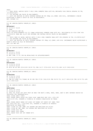 PARA:
1 - PRKG DECEA (ANTIGO PATIO 3 MIL) AVBL SOMENTE PARA ACFT MIL MEDIANTE COOR PREVIA ATRAVES DO TEL
(21)98554-4227.
2 - OPS NOTURNA OBS FALTA DE BALIZAMENTO.
3 - ACFT COM DESTINO AO PATIO DEVERAO ENTRAR EM CTC FREQ 122.30MHZ (OPS RIO), INFORMANDO A MAIOR
AUTORIDADE A BORDO E APOIO AO SOLO SE NECESSARIO.
REF: ROTAER 3-R
RIO DE JANEIRO/SANTOS DUMONT,RJ (SBRJ)
AGA
Z4139/2017
B) 21/12/17 16:43
C) PERM
E) AD CORRIGIR RMK DE:
PATIO DE ESTACIONAMENTO DO III COMAR AUTORIZADO SOMENTE PARA ACFT MIL. RESISTENCIA DO PISO CONC PCN
11/R/B/X/T; PARA HEL 20,0T OPR NOTURNA COM CAUTELA DEVIDO FALTA DE BALIZAMENTO
PARA:
1 - PATIO PRKG DO DECEA (ANTIGO PATIO 3 MIL) AVBL SOMENTE PARA ACFT PPR ATRAVES DO TEL (21)98554-4227
2 - OPS NOTURNA OBS FALTA DE BALIZAMENTO
3 - ACFT COM DESTINO AO PATIO DEVERAO ENTRAR CTC FREQ 122.30MHZ (OPS RIO) INFORMANDO MAIOR AUTORIDADE A
BORDO E APOIO AO SOLO SE NECESSARIO
REF: AIP MAP ADC
RIO DE JANEIRO/SANTOS DUMONT,RJ (SBRJ)
AGA
D2196/2017
B) 11/12/17 00:00
C) 02/03/18 23:59
E) MET (CMA 1 A 9) OPR NA MODALIDADE DE AUTOATENDIMENTO
RIO DE JANEIRO/SANTOS DUMONT,RJ (SBRJ)
ATM
D0214/2018
B) 11/02/18 22:54
C) 15/04/18 02:00
E) ATIS HR DE SER 2253-0100 08/09 TIL FEB 16/17 0750-0100 18/19 TIL APR 14/15 0850-0200
RIO DE JANEIRO/SANTOS DUMONT,RJ (SBRJ)
ATM
D0194/2018
B) 07/02/18 19:42
C) 15/04/18 02:00
E) TWR RIO FREQ 118.700MHZ HR DE SER FEB 07/08 1942-0100 FEB 08/09 TIL 16/17 0800-0100 FEB 18/19 TIL APR
14/15 0900-0200
RIO DE JANEIRO/SANTOS DUMONT,RJ (SBRJ)
ATM
Z0357/2018
B) 30/01/18 19:43
C) 25/04/18 23:59
E) PROC CTL FLUXO ACT ACFT TKOF DE SBRJ COM DEST A SBPA, SBGO, SBKP, SBCT E SBFI DEVERAO SEGUIR AS
SEGUINTES RTE PREFERENCIAIS:
SBPA: BITAK UN857 TIMVI
SBGO: MUDKA UM409 ALGOX UZ8 CORVO UZ46 (RMK:TKOF BTN 1001- 2259 UTC
(0901-2159 UTC, DURANTE A VIGENCIA DO HORARIO BRASILEIRO DE VERAO
HBV)
SBGO: MUDKA UM409 GENED DCT NINDI DCT MOMKO DCT ROMIK DCT (RMK: TKOF
BTN 2300-1000 UTC ( 2200-0900 UTC, DURANTE A VIGENCIA DO HORARIO
BRASILEIRO DE VERAO HBV)
SBKP: SIDUR Z10 TBE (RMK: FLT DEVERA SER REALIZADO NO FL240)
SBKP: SIDUR W2 TBE (RMK: FLT DEVERA SER REALIZADO NO FL240)
SBKP: SIDUR UZ10 TBE
SBCT: NAXOP UZ45 ORANA
SBFI: NAXOP UZ45 SAT DCT TEMAM UZ73
DIDOM
RIO DE JANEIRO/SANTOS DUMONT,RJ (SBRJ)
ATM
AISWEB - BOLETIM PERSONALIZADO - 12/02/2018 às 13:24:16 UTC - Total de Páginas: 43
página 30 de 43 :: IP 201.6.131.5 :: check A7190ABF-7EB1-40E8-86295A86C27E6D1A
 