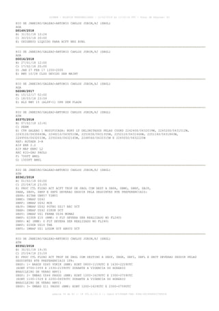 RIO DE JANEIRO/GALEAO-ANTONIO CARLOS JOBIM,RJ (SBGL)
AGA
D0149/2018
B) 31/01/18 12:24
C) 30/03/18 20:00
E) OXIGENIO LIQUIDO PARA ACFT NEG AVBL
RIO DE JANEIRO/GALEAO-ANTONIO CARLOS JOBIM,RJ (SBGL)
AGA
D0016/2018
B) 27/01/18 12:00
C) 17/02/18 20:00
D) JAN 27 FEB 17 1200-2000
E) RWY 10/28 CLSD DEVIDO SER MAINT
RIO DE JANEIRO/GALEAO-ANTONIO CARLOS JOBIM,RJ (SBGL)
AGA
D2268/2017
B) 15/12/17 02:00
C) 18/03/18 23:59
E) ALS RWY 15 (ALSF-1) OPR SEM FLASH
RIO DE JANEIRO/GALEAO-ANTONIO CARLOS JOBIM,RJ (SBGL)
ATM
Z0375/2018
B) 07/02/18 12:41
C) PERM
E) CTR GALEAO 1 MODIFICADA: BDRY LT DELIMITADOS PELAS COORD 224240S/0432039W, 224520S/0431512W,
224312S/0430640W, 224821S/0430510W, 225303S/0431355W, 225211S/0431446W, 225114S/0431843W,
224950S/0432033W, 225026S/0432145W, 224856S/0432315W E 224505S/0432225W
REF: ROTAER 3-R
AIP ENR 2.2
AIP MAP ENRC L2
ARC RIO-SAO PAULO
F) 700FT AMSL
G) 1500FT AMSL
RIO DE JANEIRO/GALEAO-ANTONIO CARLOS JOBIM,RJ (SBGL)
ATM
Z0361/2018
B) 01/02/18 00:00
C) 25/04/18 23:59
E) PROC CTL FLUXO ACT ACFT TKOF DE SBGL COM DEST A SBPA, SBMO, SBRF, SBJP,
SBAR, SBSV, SBKP E SBFZ DEVERAO SEGUIR PELA SEGUINTES RTE PREFERENCIAIS:
SBPA: BITAK UN857 TIMVI
SBMO: IMBAP UZ42
SBRF: IMBAP UZ42 MCE
SBJP: IMBAP UZ42 POTRO UZ17 REC DCT
SBAR: IMBAP UZ42 SIKUK DCT
SBSV: IMBAP UZ1 FERMA UZ36 MUMAS
SBKP: SIDUR Z10 (RMK: O FLT DEVERA SER REALIZADO NO FL240)
SBKP: W2 (RMK: O FLT DEVERA SER REALIZADO NO FL240)
SBKP: SIDUR UZ10 TBE
SBFZ: IMBAP UZ1 LOGOM DCT ABUCU DCT
RIO DE JANEIRO/GALEAO-ANTONIO CARLOS JOBIM,RJ (SBGL)
ATM
Z0352/2018
B) 30/01/18 19:35
C) 25/04/18 23:59
E) PROC CTL FLUXO ACT TKOF DE SBGL COM DESTINO A SBSP, SBGR, SBFI, SBFL E SBCT DEVERAO SEGUIR PELAS
SEGUINTES RTE PREFERENCIAIS IFR:
SBSP: 1- NAXOP UZ45 VUKIK (RMK: EOBT 0800-1159UTC E 1630-2259UTC
(EOBT 0700-1059 E 1530-2159UTC DURANTE A VIGENCIA DO HORARIO
BRASILEIRO DE VERAO HBV))
SBSP: 2- UMBAD UZ44 PAGOG (RMK: EOBT 1200-1629UTC E 2300-0759UTC
(EOBT 1100-1529 E 2200-0659UTC DURANTE A VIGENCIA DO HORARIO
BRASILEIRO DE VERAO HBV))
SBSP: 3- UMBAD Z11 PAGOG (RMK: EOBT 1200-1629UTC E 2300-0759UTC
AISWEB - BOLETIM PERSONALIZADO - 12/02/2018 às 13:24:16 UTC - Total de Páginas: 43
página 34 de 43 :: IP 201.6.131.5 :: check A7190ABF-7EB1-40E8-86295A86C27E6D1A
 