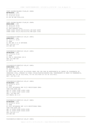PORTO ALEGRE/SALGADO FILHO,RS (SBPA)
E2799/2019 - OTR
B) 16/12/19 21:13
C) 31/01/20 23:30
E) AIS HR SER 0930-2330
PORTO ALEGRE/SALGADO FILHO,RS (SBPA)
E0021/2020 - OTR
B) 06/01/20 15:43
C) 05/04/20 23:59
E) OBST MONTADO LGTD:
TORRE COORD 300029.90S/0510633.19W ELEV 289FT
TORRE COORD 300116.80S/0510700.99W ELEV 276FT
FLORIANOPOLIS/HERCILIO LUZ,SC (SBFL)
Z3900/2017 - AGA
B) 10/11/17 14:08
C) PERM
E) SWY RWY 14 E 32 RETIRADA
REF: AIP AD 2.12
AIP MAP ADC
FLORIANOPOLIS/HERCILIO LUZ,SC (SBFL)
Z2166/2018 - AGA
B) 17/12/18 07:30
C) PERM
E) THR 21 DESLOCADA 140 M
REF: AIP MAP ADC
AIP AD 2
FLORIANOPOLIS/HERCILIO LUZ,SC (SBFL)
Z1451/2019 - AGA
B) 19/12/19 14:13
C) PERM
E) PATIO PRKG OPS ACFT DA AVIACAO GERAL PPR COM 24HR DE ANTECEDENCIA AO CENTRO DE COORDENACAO DE
OPERACOES (CCO), ATRAVES DO E-MAIL CCO(A)FLORIPA-AIRPORT.COM, INDEPENDENTE DO TEMPO DE PERMANENCIA.
DUVIDAS TEL +55 48 3012-4434, +55 48 3331-4095 OU +55 48 3331-4012.
REF : AIP AD 2.20
FLORIANOPOLIS/HERCILIO LUZ,SC (SBFL)
Z1145/2019 - AGA
B) 25/09/19 14:37
C) PERM
E) DIST DECLARADAS RWY 03/21 MODIFICADAS PARA:
TORA TODA ASDA LDA
RWY 03 1180M 1320M 1180M 1180M
RWY 21 1320M 1320M 1320M 1180M
REF.: AIP MAP ADC
AIP BRASIL AD 2.13
FLORIANOPOLIS/HERCILIO LUZ,SC (SBFL)
Z1144/2019 - AGA
B) 25/09/19 14:24
C) PERM
E) DIST DECLARADAS RWY 14/32 MODIFICADAS PARA:
TORA TODA ASDA LDA
RWY 14 2400M 2400M 2400M 2400M
RWY 32 2400M 2400M 2400M 2400M
REF: AIP AD 2.13
AIP MAP ADC
FLORIANOPOLIS/HERCILIO LUZ,SC (SBFL)
AISWEB - BOLETIM PERSONALIZADO - 16/01/2020 às 18:06:26 UTC - Total de Páginas: 54
página 11 de 54 :: IP 201.6.231.223 :: check 844D3136-2281-4264-99E1E725D66603D5
 