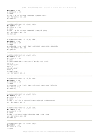 Z1143/2019 - AGA
B) 25/09/19 14:09
C) PERM
E) THR 03 E THR 21 RESA DIMENSOES 120MX90M INSTL
REF: AIP BRASIL AD 2.12
AIP MAP ADC
FLORIANOPOLIS/HERCILIO LUZ,SC (SBFL)
Z1142/2019 - AGA
B) 25/09/19 14:05
C) PERM
E) THR 14 E THR 32 RESA DIMENSOES 240MX150M INSTL
REF: AIP BRASIL AD 2.12
AIP MAP ADC
FLORIANOPOLIS/HERCILIO LUZ,SC (SBFL)
Z1141/2019 - AGA
B) 25/09/19 13:57
C) PERM
E) FAIXA DE PISTA (STRIP) RWY 14/32 MODIFICADO PARA 2520MX280M
REF: AIP BRASIL AD 2.12
AIP MAP ADC
FLORIANOPOLIS/HERCILIO LUZ,SC (SBFL)
Z1140/2019 - AGA
B) 25/09/19 13:43
C) PERM
E) PATIO CARACTERISTICAS FISICAS MODIFICADAS PARA:
PATIO 1
PCN 73/R/B/W/T
PATIO 2
PCN 48/R/B/X/T
PATIO 3
PCN 48/F/B/X/T
REF: AIP BRASIL AD 2.8
FLORIANOPOLIS/HERCILIO LUZ,SC (SBFL)
Z1139/2019 - AGA
B) 25/09/19 13:38
C) PERM
E) FAIXA DE PISTA (STRIP) RWY 03/21 MODIFICADO PARA 1440MX80M
REF: AIP AD 2.12
AIP MAP ADC
FLORIANOPOLIS/HERCILIO LUZ,SC (SBFL)
Z1138/2019 - AGA
B) 25/09/19 13:37
C) PERM
E) RWY 03/21 TIPO DE OPR MODIFICADO PARA VFR DIURNA/NOTURNA
REF: AIP BRASIL AD 2.2
FLORIANOPOLIS/HERCILIO LUZ,SC (SBFL)
Z1137/2019 - AGA
B) 25/09/19 13:31
C) PERM
E) RWY 14/32 MODIFICADAS DIMENSOES PARA 2400M X 45M
REF: AIP BRASIL AD 2.12
AIP MAP ADC
FLORIANOPOLIS/HERCILIO LUZ,SC (SBFL)
Z1136/2019 - AGA
B) 25/09/19 13:25
C) PERM
AISWEB - BOLETIM PERSONALIZADO - 16/01/2020 às 18:06:26 UTC - Total de Páginas: 54
página 12 de 54 :: IP 201.6.231.223 :: check 844D3136-2281-4264-99E1E725D66603D5
 