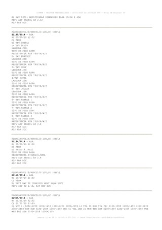 E) RWY 03/21 MODIFICADAS DIMENSOES PARA 1320M X 45M
REF: AIP BRASIL AD 2.12
AIP MAP ADC
FLORIANOPOLIS/HERCILIO LUZ,SC (SBFL)
Z1135/2019 - AGA
B) 25/09/19 12:52
C) PERM
E) TWY INSTL:
1- TWY DELTA
LARGURA 23M
TIPO DE PISO ASPH
RESISTENCIA PCN 79/F/A/X/T
2- TWY FOXTROT
LARGURA 23M
TIPO DE PISO ASPH
RESISTENCIA PCN 79/F/A/X/T
3- TWY GOLF
LARGURA 25M
TIPO DE PISO ASPH
RESISTENCIA PCN 79/F/A/X/T
4-TWY HOTEL
LARGURA 20M
TIPO DE PISO ASPH
RESISTENCIA PCN 79/F/A/X/T
5- TWY JULIET
LARGURA 25M
TIPO DE PISO ASPH
RESISTENCIA PCN 79/F/A/X/T
6- TWY YANKEE 1
TIPO DE PISO ASPH
RESISTENCIA PCN 79/F/A/X/T
7- TWY YANKEE 2
TIPO DE PISO CONC
RESISTENCIA PCN 73/R/B/W/T
8- TWY YANKEE 3
TIPO DE PISO CONC
RESISTENCIA PCN 73/R/B/W/T
REF: AIP BRASIL AD 2.8
AIP MAP ADC
AIP MAP PDC
FLORIANOPOLIS/HERCILIO LUZ,SC (SBFL)
Z1134/2019 - AGA
B) 25/09/19 12:36
C) PERM
E) PATIO 4 INSTL
TIPO DE PISO ASPH
RESISTENCIA 5700KG/0,5MPA
REF: AIP BRASIL AD 2.8
AIP MAP ADC
AIP MAP PDC
FLORIANOPOLIS/HERCILIO LUZ,SC (SBFL)
Z1110/2019 - AGA
B) 19/09/19 21:50
C) PERM
E) PAPI RWY 32 CORRIGIR MEHT PARA 63FT
REF: AIP AD 2.14, AIP MAP ADC
FLORIANOPOLIS/HERCILIO LUZ,SC (SBFL)
E2505/2019 - AGA
B) 11/11/19 02:32
C) 21/01/20 23:59
D) NOV 11 0232-1059 1200-1459 1600-1859 2000-2359 12 TIL 30 MON TIL FRI 0100-1059 1200-1459 1600-1859
2000-2359 SAT SUN 0100-1059 1200-2359 DEC 01 TIL JAN 21 MON THU SAT 0100-1059 1200-1359 1500-2359 TUE
WED FRI SUN 0100-1059 1200-2359
AISWEB - BOLETIM PERSONALIZADO - 16/01/2020 às 18:06:26 UTC - Total de Páginas: 54
página 13 de 54 :: IP 201.6.231.223 :: check 844D3136-2281-4264-99E1E725D66603D5
 