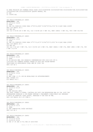 E) AREA PROIBIDA ACT FORMADA PELAS COORD 252311S0485805W 252303S0485745W 252323S0485732W 252351S0485720W
252444S0485734W 252420S0485822W (QUATRO BARRAS, PR)
F) GND
G) 1000FT AGL
SAO PAULO/CONGONHAS,SP (SBSP)
Z1221/2019 - AGA
B) 18/10/19 14:09
C) PERM
E) THR 35L CORRIGIR COORD PARA 23°38'03,4928''S/046°39'04,2736''W E ELEV PARA 2630FT
REF: AIP BRASIL AD 2
AIP MAP ADC
IAC ILS X OU/OR LOC X RWY 35L, ILS Y OU/OR LOC Y RWY 35L, RNAV (GNSS) Y RWY 35L, VOR Z RWY 35L/35R
SAO PAULO/CONGONHAS,SP (SBSP)
Z1220/2019 - AGA
B) 18/10/19 13:25
C) PERM
E) THR 17R CORRIGIR COORD PARA 23°37'15,4175''S/046°39'37,5332''W E ELEV PARA 2590FT
REF: AIP BRASIL AD 2
AIP MAP ADC
IAC ILS Y OU LOC Y RWY 17R, ILS Z OU/OR LOC Z RWY 17R, RNAV (GNSS) Z RWY 17R, RNAV (RNP) X RWY 17R, VOR
Z RWY 17L/17R
SAO PAULO/CONGONHAS,SP (SBSP)
Z1016/2019 - AGA
B) 27/08/19 00:00
C) PERM
E) AD EXCLUIR RMK: NOS HORARIOS COMPREENDIDOS BTN 1000/1200 UTC E
2100/0000 UTC SOMENTE PODERAO OPERAR AS ACFT QUE POSSAM MANTER
VELOCIDADE DE APROXIMACAO FINAL MNM DE 120KT IAS
REF: AIP AD 2
SAO PAULO/CONGONHAS,SP (SBSP)
Z0940/2018 - AGA
B) 01/06/18 15:16
C) PERM
E) MET (CMA 1 A 9) OPR NA MODALIDADE DE AUTOATENDIMENTO
REF: ROTAER 3-S
AIP BRASIL AD 2
SAO PAULO/CONGONHAS,SP (SBSP)
Z0332/2019 - AGA
B) 02/05/19 20:29
C) PERM
E) TWY EXCLUIR INFO:
TWY PAPA, QUEBEC E SIERRA, LIMITADA OPS ACFT COM ENVERGADURA MAX DE 15M. ACFT COM
ENVERGADURA SUPERIOR A 15M PODERA EFETUAR O TAXIAMENTO DIRECIONADO AOS HANGARES
E PATIO DE PERNOITE (LADO LESTE), REBOCADA E COM COOR DA TWR.
REF: AIP BRASIL AD 2.20 ITEM 6.
SAO PAULO/CONGONHAS,SP (SBSP)
Z0270/2019 - AGA
B) 01/04/19 15:15
C) PERM
E) SER COMBUSTIVEL AVGAS RETIRADO
REF: AIP AD 2
SAO PAULO/CONGONHAS,SP (SBSP)
D2190/2019 - AGA
B) 27/12/19 02:00
C) 26/02/20 09:00
D) DEC 27 28 JAN 14 TIL FEB 26 0200-0900
AISWEB - BOLETIM PERSONALIZADO - 16/01/2020 às 18:06:26 UTC - Total de Páginas: 54
página 19 de 54 :: IP 201.6.231.223 :: check 844D3136-2281-4264-99E1E725D66603D5
 