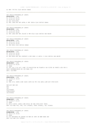 E) RWY 17R/35L CLSD DEVIDO OBRAS
SAO PAULO/CONGONHAS,SP (SBSP)
D2163/2019 - AGA
B) 07/01/20 02:00
C) 20/01/20 09:00
D) DLY 0200-0900
E) TWY LIMA BTN TWY HOTEL E TWY INDIA CLSD DEVIDO OBRAS
SAO PAULO/CONGONHAS,SP (SBSP)
D2162/2019 - AGA
B) 21/01/20 02:00
C) 25/01/20 09:00
E) TWY LIMA BTN TWY JULIET E TWY KILO CLSD DEVIDO SER MAINT
SAO PAULO/CONGONHAS,SP (SBSP)
D2161/2019 - AGA
B) 28/01/20 02:00
C) 01/02/20 09:00
E) TWY ECHO CLSD DEVIDO OBRAS
SAO PAULO/CONGONHAS,SP (SBSP)
D2160/2019 - AGA
B) 14/01/20 02:00
C) 20/01/20 09:00
E) TWY MIKE BTN TWY FOXTROT E PSN PRKG 13 PATIO 3 CLSD DEVIDO SER MAINT
SAO PAULO/CONGONHAS,SP (SBSP)
Z4152/2017 - ATM
B) 04/01/18 00:00
C) PERM
E) IAC ILS Y OU LOC Y RWY 17R MODIFICAR NA PLANTA E NA VISTA DE PERFIL HDG FAF E
APCH INTERMEDIARIA DE 168 PARA 169
REF.: AIP-MAP
SAO PAULO/CONGONHAS,SP (SBSP)
Z3023/2016 - ATM
B) 12/08/16 19:59
C) PERM
E) TWR D-CL (DATA LINK CLRD) AUTH DE TFC VIA DATA LINK ACT 0900-0200
REF:AIP MAP ADC
PDC
VAC
SID(TODAS)
STAR(TODAS)
IAC(TODAS)
SAO PAULO/CONGONHAS,SP (SBSP)
Z2588/2017 - ATM
B) 25/08/17 22:23
C) PERM
E) ATIS D-ATIS (DATA LINK ATIS) HR SER 0900-0300 INSTL
REF: AIP MAP PDC, VAC, SID (TODAS), STAR (TODAS), IAC (TODAS)
SAO PAULO/CONGONHAS,SP (SBSP)
Z1998/2018 - ATM
B) 08/11/18 19:56
C) PERM
E) SID RETIRADO NO QUADRO DE RMK AS INFO DE MNM PARA DEP
REF: AIP MAP SID (TODAS)
AISWEB - BOLETIM PERSONALIZADO - 16/01/2020 às 18:06:26 UTC - Total de Páginas: 54
página 20 de 54 :: IP 201.6.231.223 :: check 844D3136-2281-4264-99E1E725D66603D5
 