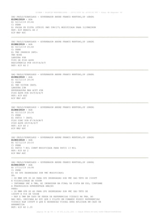 SAO PAULO/GUARULHOS - GOVERNADOR ANDRE FRANCO MONTORO,SP (SBGR)
Z1390/2019 - AGA
B) 02/12/19 20:46
C) PERM
E) FAIXA DE PISTA (STRIP) RWY 09R/27L MODIFICADA PARA 3120MX280M
REF: AIP BRASIL AD 2
AIP MAP ADC
SAO PAULO/GUARULHOS - GOVERNADOR ANDRE FRANCO MONTORO,SP (SBGR)
Z1388/2019 - AGA
B) 02/12/19 20:44
C) PERM
E) TWY INSERIR INFO:
TWY MIKE
LARGURA 45M
TIPO DE PISO ASPH
RESISTENCIA PCN 69/F/A/X/T
REF: AIP AD 2
SAO PAULO/GUARULHOS - GOVERNADOR ANDRE FRANCO MONTORO,SP (SBGR)
Z1386/2019 - AGA
B) 02/12/19 20:36
C) PERM
E) TWY VICTOR INSTL
LARGURA 23M
ENVERGADURA MAX ACFT 65M
PISO ASPH PCN 69/F/A/X/T
REF: AIP AD2
AIP MAP ADC
SAO PAULO/GUARULHOS - GOVERNADOR ANDRE FRANCO MONTORO,SP (SBGR)
Z1384/2019 - AGA
B) 02/12/19 20:34
C) PERM
E) PATIO 7 INSTL
PISO CONC PCN 87/R/B/W/T
PISO ASPH 69/F/A/X/T
REF: AIP AD 2
AIP MAP ADC
SAO PAULO/GUARULHOS - GOVERNADOR ANDRE FRANCO MONTORO,SP (SBGR)
Z1383/2019 - AGA
B) 02/12/19 20:33
C) PERM
E) PATIO 7 MIL IDENT MODIFICADA PARA PATIO 13 MIL
REF: AIP AD 2
AIP MAP ADC
SAO PAULO/GUARULHOS - GOVERNADOR ANDRE FRANCO MONTORO,SP (SBGR)
Z1346/2019 - AGA
B) 27/11/19 14:58
C) PERM
E) AD OPS SEGREGADAS SOB VMC MODIFICADO:
DE:
- OS MNM OPR DO AD PARA OPS SEGREGADAS SOB VMC SAO TETO DE 1500FT
E VISIBILIDADE DE 5000M
- INFORMAR VMC A TWR, AO INGRESSAR NA FINAL DA PISTA EM USO, CONFORME
A FRASEOLOGIA APRESENTADA ABAIXO
PARA:
- OS MNM OPR DO AD PARA OPS SEGREGADAS SOB VMC SAO TETO DE
1000FT E VIS DE 5000M
- REP A TWR EM CASO DE PERDA DE REFERENCIAS VISUAIS NA FNA. AO
NAO REP, INDICARA AO ATC QUE O PILOTO EM COMANDO POSSUI REFERENCIAS
VISUAIS BLW 1000FT E QUE A SEPARACAO VISUAL SERA APLICADA EM CASO DE
ARREMETIDA
REF: AIP AD 2.20
AISWEB - BOLETIM PERSONALIZADO - 16/01/2020 às 18:06:26 UTC - Total de Páginas: 54
página 26 de 54 :: IP 201.6.231.223 :: check 844D3136-2281-4264-99E1E725D66603D5
 