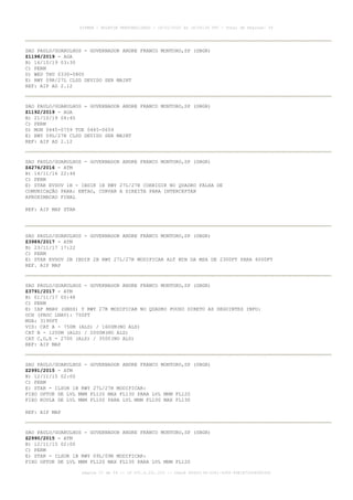 SAO PAULO/GUARULHOS - GOVERNADOR ANDRE FRANCO MONTORO,SP (SBGR)
Z1198/2019 - AGA
B) 16/10/19 03:30
C) PERM
D) WED THU 0330-0800
E) RWY 09R/27L CLSD DEVIDO SER MAINT
REF: AIP AD 2.12
SAO PAULO/GUARULHOS - GOVERNADOR ANDRE FRANCO MONTORO,SP (SBGR)
Z1192/2019 - AGA
B) 21/10/19 04:45
C) PERM
D) MON 0445-0759 TUE 0445-0659
E) RWY 09L/27R CLSD DEVIDO SER MAINT
REF: AIP AD 2.12
SAO PAULO/GUARULHOS - GOVERNADOR ANDRE FRANCO MONTORO,SP (SBGR)
Z4276/2016 - ATM
B) 14/11/16 22:46
C) PERM
E) STAR EVSOV 1B - IBDIK 1B RWY 27L/27R CORRIGIR NO QUADRO FALHA DE
COMUNICAÇÃO PARA: ENTAO, CURVAR A DIREITA PARA INTERCEPTAR
APROXIMACAO FINAL
REF: AIP MAP STAR
SAO PAULO/GUARULHOS - GOVERNADOR ANDRE FRANCO MONTORO,SP (SBGR)
Z3989/2017 - ATM
B) 23/11/17 17:22
C) PERM
E) STAR EVSOV 2B IBDIK 2B RWY 27L/27R MODIFICAR ALT MIN DA MSA DE 2300FT PARA 6000FT
REF. AIP MAP
SAO PAULO/GUARULHOS - GOVERNADOR ANDRE FRANCO MONTORO,SP (SBGR)
Z3791/2017 - ATM
B) 01/11/17 00:48
C) PERM
E) IAP RNAV (GNSS) Y RWY 27R MODIFICAR NO QUADRO POUSO DIRETO AS SEGUINTES INFO:
OCH (PROC LNAV): 750FT
MDA: 3190FT
VIS: CAT A - 750M (ALS) / 1600M(NO ALS)
CAT B - 1200M (ALS) / 2000M(NO ALS)
CAT C,D,E - 2700 (ALS) / 3500(NO ALS)
REF: AIP MAP
SAO PAULO/GUARULHOS - GOVERNADOR ANDRE FRANCO MONTORO,SP (SBGR)
Z2991/2015 - ATM
B) 12/11/15 02:00
C) PERM
E) STAR - ILSOR 1B RWY 27L/27R MODIFICAR:
FIXO OPTUK DE LVL MNM FL120 MAX FL130 PARA LVL MNM FL120
FIXO KOVLA DE LVL MNM FL100 PARA LVL MNM FL100 MAX FL130
REF: AIP MAP
SAO PAULO/GUARULHOS - GOVERNADOR ANDRE FRANCO MONTORO,SP (SBGR)
Z2990/2015 - ATM
B) 12/11/15 02:00
C) PERM
E) STAR - ILSOR 1B RWY 09L/09R MODIFICAR:
FIXO OPTUK DE LVL MNM FL120 MAX FL130 PARA LVL MNM FL120
AISWEB - BOLETIM PERSONALIZADO - 16/01/2020 às 18:06:26 UTC - Total de Páginas: 54
página 27 de 54 :: IP 201.6.231.223 :: check 844D3136-2281-4264-99E1E725D66603D5
 