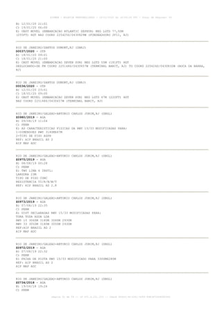 B) 12/01/20 21:01
C) 19/01/20 06:00
E) OBST MOVEL (EMBARCACAO ATLANTIC ZEPHYR) NEG LGTD 77,50M
(255FT) HGT NAS COORD 225425S/0430829W (FUNDEADOURO 2F11, RJ)
RIO DE JANEIRO/SANTOS DUMONT,RJ (SBRJ)
D0037/2020 - OTR
B) 18/01/20 09:01
C) 18/01/20 21:00
E) OBST MOVEL (EMBARCACAO SEVEN SUN) NEG LGTD 55M (181FT) HGT
DESLOCANDO-SE FM COORD 225148S/0430657W (TERMINAL BANIT, RJ) TO COORD 225624S/0430832W (BOCA DA BARRA,
RJ)
RIO DE JANEIRO/SANTOS DUMONT,RJ (SBRJ)
D0036/2020 - OTR
B) 12/01/20 23:01
C) 18/01/20 09:00
E) OBST MOVEL (EMBARCACAO SEVEN SUN) NEG LGTD 67M (220FT) HGT
NAS COORD 225148S/0430657W (TERMINAL BANIT, RJ)
RIO DE JANEIRO/GALEAO-ANTONIO CARLOS JOBIM,RJ (SBGL)
Z0980/2019 - AGA
B) 09/08/19 11:04
C) PERM
E) AD CARACTERISTICAS FISICAS DA RWY 15/33 MODIFICADAS PARA:
1-DIMENSOES RWY 3180MX47M
2-TIPO DE PISO ASPH
REF: AIP BRASIL AD 2
AIP MAP ADC
RIO DE JANEIRO/GALEAO-ANTONIO CARLOS JOBIM,RJ (SBGL)
Z0975/2019 - AGA
B) 08/08/19 00:28
C) PERM
E) TWY LIMA 6 INSTL:
LARGURA 23M
TIPO DE PISO CONC
RESISTENCIA 55/R/B/W/T
REF: AIP BRASIL AD 2.8
RIO DE JANEIRO/GALEAO-ANTONIO CARLOS JOBIM,RJ (SBGL)
Z0973/2019 - AGA
B) 07/08/19 22:35
C) PERM
E) DIST DECLARADAS RWY 15/33 MODIFICADAS PARA:
TORA TODA ASDA LDA
RWY 15 3060M 3180M 3060M 2930M
RWY 33 3050M 3180M 3050M 2930M
REF:AIP BRASIL AD 2
AIP MAP ADC
RIO DE JANEIRO/GALEAO-ANTONIO CARLOS JOBIM,RJ (SBGL)
Z0972/2019 - AGA
B) 07/08/19 22:32
C) PERM
E) FAIXA DE PISTA RWY 15/33 MODIFICADO PARA 3300MX280M
REF: AIP BRASIL AD 2
AIP MAP ADC
RIO DE JANEIRO/GALEAO-ANTONIO CARLOS JOBIM,RJ (SBGL)
Z0734/2018 - AGA
B) 19/04/18 19:26
C) PERM
AISWEB - BOLETIM PERSONALIZADO - 16/01/2020 às 18:06:26 UTC - Total de Páginas: 54
página 42 de 54 :: IP 201.6.231.223 :: check 844D3136-2281-4264-99E1E725D66603D5
 