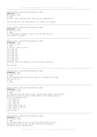 BRASILIA/PRES. JUSCELINO KUBITSCHEK,DF (SBBR)
Z2461/2017 - ATM
B) 16/08/17 13:11
C) PERM
E) ATIS D-ATIS (DATALINK ATIS) AVBL INFO VIA DATALINK H24
REF: AIP MAP PDC, VAC, STAR(TODAS), SID (TODAS), IAC (TODAS)
BRASILIA/PRES. JUSCELINO KUBITSCHEK,DF (SBBR)
Z1951/2018 - ATM
B) 08/11/18 00:00
C) PERM
E) SID RETIRADO NO QUADRO DE RMK AS INFO DE MNM PARA DEP
REF: AIPMAP SID (TODAS)
BRASILIA/PRES. JUSCELINO KUBITSCHEK,DF (SBBR)
Z1719/2016 - ATM
B) 09/06/16 19:36
C) PERM
E) IAP ILS V RWY 11R CAT II
ILS X RWY 11R
ILS Z RWY 11R
ILS W RWY 11L
ILS Y RWY 11L
ILS W RWY 29R
ILS Y RWY 29R
ILS X RWY 29L E
ILS Z RWY 29L
RETIRADO O RMK: USO SOMENTE DE AVISO DE TRAFEGO AEREO(TA)
REF: AIP MAP
BRASILIA/PRES. JUSCELINO KUBITSCHEK,DF (SBBR)
Z1628/2018 - ATM
B) 01/10/18 23:24
C) PERM
E) CTR SEPARACAO MNM BTN ACFT EM TORNO DO AD PODERA SER DE 03NM
REF: AIP AD 2.22
F) SFC
G) FL065
BRASILIA/PRES. JUSCELINO KUBITSCHEK,DF (SBBR)
Z1086/2019 - ATM
B) 17/09/19 21:08
C) PERM
E) STAR RNAV OCELO 2A -PEDAL 2A RWY 29L/29R, RNAV OBDOG 1A RWY 29L/29R,
RNAV MOLMO 2A RWY 29L/29R, ALT MNM 7000FT EM EDVIV QUANDO ESTIVER
EM USO OS SEGUINTES IAP:
- ILS Z RWY 29L
- ILS X RWY 29L
- LOC Y RWY 29R
- LOC Z RWY 29L
- RNAV (GNSS) Z RWY 29L
- RNAV (GNSS) X RWY 29L
- VOR Y RWY 29R
REF: AIP MAP
BRASILIA/PRES. JUSCELINO KUBITSCHEK,DF (SBBR)
Z1085/2019 - ATM
B) 17/09/19 21:06
C) PERM
E) STAR RNAV PAJEM 1A RWY 11L/11R, RNAV PROVE 1A RWY 11L/11R,
RNAV WELIN 1A RWY 11L/11R, ALT MNM 7000FT EM LUVLA QUANDO
ESTIVER EM USO OS SEGUINTES IAP:
AISWEB - BOLETIM PERSONALIZADO - 16/01/2020 às 18:06:26 UTC - Total de Páginas: 54
página 51 de 54 :: IP 201.6.231.223 :: check 844D3136-2281-4264-99E1E725D66603D5
 