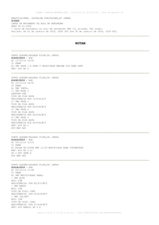 BRASILIA/PRES. JUSCELINO KUBITSCHEK,DF (SBBR)
9/2020
CARTA DE MOVIMENTO DE SOLO DE AERÓDROMO
AMDT 02.01.2020
- Carta de movimento no solo de aeródromo DEP 11L ativada. Ver anexo.
Período: De 02 de janeiro de 2020, 0000 UTC até 30 de janeiro de 2020, 2359 UTC.
NOTAM
PORTO ALEGRE/SALGADO FILHO,RS (SBPA)
Z1433/2019 - AGA
B) 11/12/19 14:56
C) PERM
E) TWY PAPA 1 E PAPA 3 VELOCIDADE MAXIMA LTD PARA 08KT
REF: AIP AD 2
PORTO ALEGRE/SALGADO FILHO,RS (SBPA)
Z1432/2019 - AGA
B) 11/12/19 14:55
C) PERM
E) TWY INSTL:
1- TWY MIKE 3
LARGURA 40M
TIPO DE PISO ASPH
RESISTENCIA PCN 72/F/A/X/T
2- TWY PAPA 1
TIPO DE PISO ASPH
RESISTENCIA PCN 66/F/B/W/T
3- TWY PAPA 2
TIPO DE PISO ASPH
RESISTENCIA PCN 66/F/B/W/T
4- TWY PAPA 3
TIPO DE PISO ASPH
RESISTENCIA PCN 66/F/B/W/T
REF: AIP AD 2
AIP MAP ADC
PORTO ALEGRE/SALGADO FILHO,RS (SBPA)
Z1415/2019 - AGA
B) 05/12/19 11:53
C) PERM
E) FAIXA DE PISTA RWY 11/29 MODIFICADO PARA 2400MX280M
REF: AIP AD 2.12
AD 2 AOC SBPA A
AIP MAP ADC
PORTO ALEGRE/SALGADO FILHO,RS (SBPA)
Z1414/2019 - AGA
B) 05/12/19 11:48
C) PERM
E) TWY MODIFICADAS PARA:
- TWY ALFA
WID: 23M
RESISTENCIA: PCN 82/F/C/W/T
- TWY BRAVO
WID: 23M
TIPO DE PISO: CONC
RESISTENCIA: PCN 62/R/A/W/T
- TWY JULIETT
WID: 23M
TIPO DE PISO: CONC
RESISTENCIA: PCN 67/R/A/W/T
REF: AIP BRASIL AD 2.8
AISWEB - BOLETIM PERSONALIZADO - 16/01/2020 às 18:06:26 UTC - Total de Páginas: 54
página 6 de 54 :: IP 201.6.231.223 :: check 844D3136-2281-4264-99E1E725D66603D5
 
