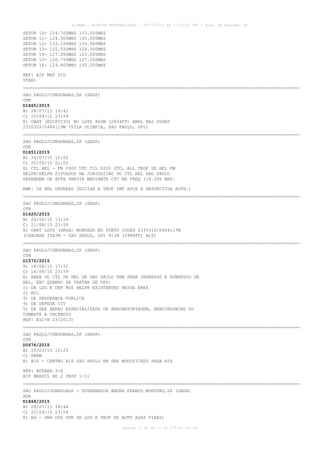 AISWEB - BOLETIM PERSONALIZADO - 30/07/2015 às 17:19:07 UTC - Total de Páginas: 54
página 17 de 54 :: IP 177.32.136.59
SETOR 10- 124.700MHZ 133.050MHZ
SETOR 11- 124.500MHZ 135.000MHZ
SETOR 12- 133.100MHZ 133.900MHZ
SETOR 13- 125.550MHZ 124.300MHZ
SETOR 14- 127.000MHZ 123.000MHZ
SETOR 15- 126.750MHZ 127.300MHZ
SETOR 16- 124.800MHZ 135.550MHZ
REF: AIP MAP SID
STAR)
SAO PAULO/CONGONHAS,SP (SBSP)
OTR
D1865/2015
B) 28/07/15 19:42
C) 25/09/15 23:59
E) OBST (EDIFICIO) NO LGTD 864M (2834FT) AMSL NAS COORD
233532S/0464119W (VILA OLIMPIA, SAO PAULO, SP))
SAO PAULO/CONGONHAS,SP (SBSP)
OTR
D1851/2015
B) 24/07/15 15:02
C) 20/09/15 02:00
E) CTL HEL - FM 0900 UTC TIL 0200 UTC, ALL TKOF DE HEL FM
HELPN/HELPR SITUADOS NA JURISDICAO DO CTL HEL SAO PAULO
DEPENDEM DE AUTH PREVIA MEDIANTE CTC NA FREQ 118.350 MHZ.
RMK: OS HEL DEVERAO INICIAR A TKOF IMT APOS A RESPECTIVA AUTH.)
SAO PAULO/CONGONHAS,SP (SBSP)
OTR
D1625/2015
B) 24/06/15 13:19
C) 21/08/15 23:59
E) OBST LGTD (GRUA) MONTADO NO PONTO COORD 233531S/0464117W
(CHACARA ITAIM - SAO PAULO, SP) 911M (2988FT) ALT)
SAO PAULO/CONGONHAS,SP (SBSP)
OTR
D1570/2015
B) 18/06/15 17:52
C) 14/08/15 23:59
E) AREA DO CTL DE HEL DE SAO PAULO PRB PARA INGRESSO E SOBREVOO DE
HEL, EXC QUANDO SE TRATAR DE OPS:
1) DE LDG E DEP NOS HELPN EXISTENTES NESSA AREA
2) MIL
3) DE SEGURANCA PUBLICA
4) DE DEFESA CIV
5) DE SER AEREO ESPECIALIZADO DE AEROREPORTAGEM, AEROINSPECAO OU
COMBATE A INCENDIO
REF: AIC-N 23/2013)
SAO PAULO/CONGONHAS,SP (SBSP)
OTR
D0676/2015
B) 20/03/15 15:20
C) PERM
E) AIS - CENTRO AIS SAO PAULO HR SER MODIFICADO PARA H24
REF: ROTAER 3-S
AIP BRASIL AD 2 SBSP 1-1)
SAO PAULO/GUARULHOS - GOVERNADOR ANDRE FRANCO MONTORO,SP (SBGR)
AGA
D1866/2015
B) 28/07/15 19:44
C) 25/09/15 23:59
E) AD - PRB OPS VFR DE LDG E TKOF DE ACFT ASAS FIXAS)
 