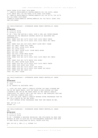 AISWEB - BOLETIM PERSONALIZADO - 30/07/2015 às 17:19:07 UTC - Total de Páginas: 54
página 20 de 54 :: IP 177.32.136.59
UM549 VUBOM UL795 ETAXI UZ38 MOXEP
7 - AMERICA NORTE/AMERICA CENTRAL/AMERICA SUL VIA UL655: ASAPA
UL655 ANRIR UW10 CIA UZ8 EGONI UL795 ETAXI UZ38 MOXEP
8 - AMERICA NORTE/AMERICA CENTRAL/AMERICA SUL VIA UL776: TIR UL776
BSI UZ6 NIMKI UZ38 MOXEP
9-AMERICA NORTE/AMERICA CENTRAL/AMERICA SUL VIA UA312: ACARI UZ52
FRM UZ38 MOXEP
SAO PAULO/GUARULHOS - GOVERNADOR ANDRE FRANCO MONTORO,SP (SBGR)
AGA
Z1794/2015
B) 23/07/15 00:00
C) 19/08/15 23:59
E) AD - VOOS COM DESTINO A KMIA, KJFK E SVMI QUE INTENCIONAREM
INGRESSAR NA FIR AMAZONICA DEVERAO SEGUIR AS SEGUINTES RTE
PREFERENCIAIS:
KMIA: UKBEV UZ26 BSI UL776 DOLVI UZ24 ILVIS UM423 PAKON
KMIA: UKBEV UZ26 BSI UL776 DOLVI UZ24 ILVIS UM423 BVI UM402
LOLER
KMIA: UKBEV UZ26 BSI DCT GIGTI UM409 ILSUB UM417 VAGAN
KMIA: RCL UM417 OBGAT UZ21 VUMPI
KMIA: RCL UM417 ASTOB UL201 ABIDE
KMIA: RCL UL304 POVLA
KMIA: RCL UM417 ASTOB UL201 ISVOM UM656 BUVKA
KMIA: SCB UZ21 VUMPI
KMIA: SCB UZ21 ISVOM UM656 BUVKA
KJFK: UKBEV UZ26 BSI UL776 TIR
KJFK: UKBEV UZ26 BSI UL776 DOLVI UZ24 ILVIS UM423 BVI UM402
LOLER
KJFK: UKBEV UZ26 BSI UL776 MEVOS UZ52 ACARI
KJFK: RCL UM417 ASTOB UL201 ABIDE
KJFK: UKBEV UZ26 BSI UL776 DOLVI UZ24 ILVIS UM423 PAKON
KJFK: UKBEV UZ26 KODSU UZ41 OTONI
KJFK: UKBEV UZ26 BSI UL776 DOLVI UZ24 POVLA
KJFK: UKBEV UZ26 BSI UL776 DOLVI UZ24 ELNOV DCT BUVIP
KJFK: UKBEV UZ26 BEL UA555 OIA
SVMI: RCL UM417 VAGAN
SAO PAULO/GUARULHOS - GOVERNADOR ANDRE FRANCO MONTORO,SP (SBGR)
AGA
Z1518/2015
B) 10/07/15 03:00
C) PERM
E) AD INSERIR AS SEGUINTES INFO:
1 - ACFT CAT ALFA, BRAVO E CHARLIE AJUSTAR LDG PARA LIVRAREM RWY
09R NA TWY BRAVO BRAVO. ACFT CAT DELTA E ECHO AJUSTAR LDG PARA
LIVRAREM A RWY 09R NA TWY BRAVO BRAVO OU TWY CHARLIE CHARLIE.
COMPULSORIO CTC PREVIO COM O APP SAO PAULO E TWR GUARULHOS CASO NAO
SEJA POSSIVEL CUMPRIR ESSE PROC.
2 - ACFT CAT ALFA, BRAVO E CHARLIE DEVERAO ESTAR PREPARADAS TKOF NA
RWY 09L A PARTIR DA INT TWY HOTEL.
3 - ACFT DEVERAO ESTAR PREPARADAS PARA TKOF SEM PARADA NA RWY.
REF: AIP AD 2.20
ROTAER 3-S
SAO PAULO/GUARULHOS - GOVERNADOR ANDRE FRANCO MONTORO,SP (SBGR)
AGA
D1732/2015
B) 07/07/15 21:41
C) 03/10/15 23:59
E) AD - SUSPENSA A SEGUINTE PROIBICAO: PRB UTILIZACAO DE SBGR COMO
MUDANCA DE DEST OU ALTN DOS FLT ORIGINALMENTE PLANEJADOS PARA SBSP
OU SBKP DEVIDO CAPACIDADE DE PATIO, EXCETO ACFT MIL
REF: AIP AD 2, ENR 2.1.1, ROTAER 3-S
)
 