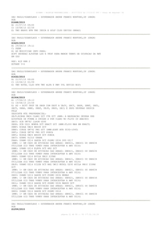 AISWEB - BOLETIM PERSONALIZADO - 30/07/2015 às 17:19:07 UTC - Total de Páginas: 54
página 21 de 54 :: IP 177.32.136.59
SAO PAULO/GUARULHOS - GOVERNADOR ANDRE FRANCO MONTORO,SP (SBGR)
AGA
D1668/2015
B) 21/07/15 09:00
C) 10/08/15 02:59
E) TWY BRAVO BTN TWY INDIA E GOLF CLSD DEVIDO OBRAS)
SAO PAULO/GUARULHOS - GOVERNADOR ANDRE FRANCO MONTORO,SP (SBGR)
AGA
Z1420/2015
B) 29/06/15 19:11
C) PERM
E) AD MODIFICAR INFO PARA:
ACFT DEVERAO AJUSTAR LDG E TKOF PARA MENOR TEMPO DE OCUPACAO DA RWY
EM USO
REF: AIP ENR 2
ROTAER 3-S
SAO PAULO/GUARULHOS - GOVERNADOR ANDRE FRANCO MONTORO,SP (SBGR)
AGA
D1632/2015
B) 21/07/15 09:00
C) 10/08/15 02:59
E) TWY HOTEL CLSD BTN TWY ALFA E RWY 09L DEVIDO WIP)
SAO PAULO/GUARULHOS - GOVERNADOR ANDRE FRANCO MONTORO,SP (SBGR)
AGA
Z1304/2015
B) 17/06/15 19:13
C) 19/08/15 23:59
E) AD - ACFT TKOF DE SBGR COM DEST A SBJV, SBCY, SBSR, SBNF, SBFL,
SBCT, SBAR, SBMO, SBRF, SBJP, SBSV, SBIL E SBPS DEVERAO SEGUIR
PELA
SEGUINTE RTE PREFERENCIAL:
SBJV:NIBGA UW24 CLARO DCT CTB DCT (RMK: A NAVEGACAO DEVERA SER
AJUSTADA DE FORMA A CRUZAR A PSN CLARO NO FL200 OU ABAIXO)
SBCY: SCB UM782 ILNIM UZ46
SBSR: SCB UZ21 MOMVA DCT ENACT DCT (RMK:FL200 MAX EM ENACT)
SBNF: NIBGA UW24 BROCK DCT
SBNF: CURSE UM792 PNG DCT (RMK:EOBT BTN 0030-1040)
SBFL: CURSE UM792 PNG DCT PONCA
SBFL: NIBGA UW24 BROCK DCT PONCA
SBCT: DORMI UL310 ORANA
SBAR: USAMO UZ14 GAXUB DCT POSMU UZ36 SVD UZ17
(RMK: 1- EM CASO DE ATIVACAO DAS AREAS: SBR421, SBR431 OU SBR434
UTILIZAR SID TRNS VUMEV PARA INTERCEPTAR A AWY UZ14)
SBMO: USAMO UZ14 ELEFA DCT ARU DCT
(RMK: 1- EM CASO DE ATIVACAO DAS AREAS: SBR421, SBR431 OU SBR434
UTILIZAR SID TRNS VUMEV PARA INTERCEPTAR A AWY UZ14)
SBRF: USAMO UZ14 AVILA UW10 ZIPAR
(RMK: 1- EM CASO DE ATIVACAO DAS AREAS: SBR421, SBR431 OU SBR434
UTILIZAR SID TRNS VUMEV PARA INTERCEPTAR A AWY UZ14)
SBJP: USAMO UZ14 SILUB DCT BHZ UW13 MUDOL UZ30 AVILA UW10 ZIPAR
DCT
(RMK: 1- EM CASO DE ATIVACAO DAS AREAS: SBR421, SBR431 OU SBR434
UTILIZAR SID TRNS VUMEV PARA INTERCEPTAR A AWY UZ14)
SBSV: USAMO UZ14 GAXUB DCT POSMU UZ36 MUMAS
(RMK: 1- EM CASO DE ATIVACAO DAS AREAS: SBR421, SBR431 OU SBR434
UTILIZAR SID TRNS VUMEV PARA INTERCEPTAR A AWY UZ14)
SBIL: USAMO UZ14 GAXUB DCT POSMU UZ36 MARSU DCT
(RMK: 1- EM CASO DE ATIVACAO DAS AREAS: SBR421, SBR431 OU SBR434
UTILIZAR SID TRNS VUMEV PARA INTERCEPTAR A AWY UZ14)
SBPS: USAMO UZ14 GAXUB DCT POSMU UZ16
(RMK: 1- EM CASO DE ATIVACAO DAS AREAS: SBR421, SBR431 OU SBR434
UTILIZAR SID TRNS VUMEV PARA INTERCEPTAR A AWY UZ14)
SAO PAULO/GUARULHOS - GOVERNADOR ANDRE FRANCO MONTORO,SP (SBGR)
AGA
Z1259/2015
 