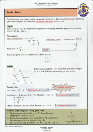 Dua goris lurus yong mosing-mosing mempunyoi kecerunon mtdan mzodalah selori ji
jiko kedua-duo goris itu mempunyoi heq€&tnqn yqqg-€qas, ioitu tr= tTtz.
Contoh
Goris lurus kx - 2y = 5 odoloh selori dengon garis lurus yang menyombungkon titik (3, 6) don
titik (1, -2). Cori nilai k.
Penyelesoion
6qr-Lg.Lqiu$scrtqns, kx
Kecerunan mr
SAMA
Keduo-duo garis lurus itu odoloh selori . Maka, mt
Contoh
Dalom rojoh di
goris lurus ,Q5.
Garie--l-qru.s he{w: Kecerun on fftz =
6-(-z)
)1J -J.
- 2y=
-2y=
y=
5
-kx+ 5
k5
-x- -22
=k2
= lfiz
--4
:$
k
2
k
sebeloh, goris Iurus
Cari persamoon bogi
AB adolah selori dengan
garis lurus AB.
Penyelesoion
6 .3 { Cari kecerunan bagi garis lurus AB
Gontikon m=-3dankoordinot f(5,4)dolom y=fftX+c. .ggarlzutcggrgbagigarislurus/8.
4=-3(5)+c
4=-15+c
c= 79
Mako, persomoon bogi goris lurus AB ialah y -- -3x + 79. R rrti* persarnaan qaris lurus AB
Postikon,onda menguosai konsep go,ris selat'i' ..'.
1. Tentukon somo odo goris lurus y= 2 - 3xodaloh selori
r,,2. ,'Dolarn rojoh di sebreloh, goris' lurus AB dan PQodoloh:selori. '
'
" '
Persomaon goris lurus AB iolah 3x + 2y = tl.
rQ, 4)
44 Bab 5: 6aris Lurus
SMK TAMAN INDAH, 73000 TAMPIN, NS.
(http://myhemsmti.blogspot.com)
MOHAMMAD BIN SAID
GPKHEM SMKTI
31/10/2016
 