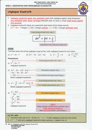 BAB 2: UNGKAPAN DAN PERSAMAAN KUADRATIK
c)
, 3 f ^ _ _
Kuasaterlinggipembolehubahxialah2.
*'*
7 - 5= x"' t'#-
Tetapiterdapatkuasapemborehubahx=-2.
Bukon ungkopon kuodratik
Bukon ungkapon kuodrotik
x3 + 4x?
d)
2x
x' 4x'-a
?x ?x
r*
=!x?+2x2
Ungkopon kuodratik
INGAT!
Setiap ungkapan kuadratik dalam pemboleh ubah x
nresti nrexnr$nvsi sebutan x:
tetapi b,olehji*fa sebutan g dan penralarg.
.UJi
1.: .
7.,
6 Bab 2: Ungkapan dan Persamaan Kuadrofik
SMK TAMAN INDAH, 73000 TAMPIN, NS.
(http://myhemsmti.blogspot.com)
MOHAMMAD BIN SAID
GPKHEM SMKTI
31/10/2016
 