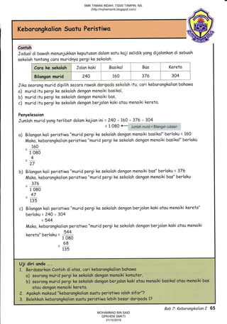 Kebornangkolion Suotu Peristiwo
Contoh
Jaduol di bowoh menunjukkon keputuson dolom satu koji selidik yong dijolonkon di sebuoh
sekoloh tentong coro muridnyo pergi ka sekoloh.
Coro ke sekoloh Jolan koki Basikol Bos Kereta
Bilongon murid 240 150 376 304
Jiko seorang murid dipilih secoro rowok doripado sekoloh itu, cori keborongkolion bohowo
o) murid itu pergi ke sekoloh dengon menoiki bosikol,
b) murid itu pergi ke sekoloh dengan menoiki bos,
c) murid itu pergi ke sekoloh dengon berjolon koki otou menoiki kereta.
Penyelesoion
Jumloh murid yong terlibot dolom kojion ini = 240 + 160 + 376 + 304
= 1 O8O .e Jumiah murid = Bilangan cubaan
o) Bilongon koli peristiwo "murid pergike sekoloh dengan menoiki bosikol" berloku = 760
Moko, keborongkolion peristiwo "murid pergi ke sekoloh dengan menoiki bosikol" berloku
160
1 080
=427
b) Bilongon koli peristiwo "muri d pergi ke sekoloh dengan menoiki bos" berloku = 376
Moko, keborongkolion peristiwo "murid pergi ke sekoloh dengan menoiki bos" berloku
376
1 080
=47135
c) Bilongan koli peristiwo "murid pergi ke sekoloh dengan berjolon koki otou menoiki ke?eta"
berloku=24O+304
= 544
Moko, keborongkolion peristiwa "murid pergi ke sekoloh dengon berjolon koki atou menoiki
kereta" berloku =
5!!-
1 080
=68135
Uji diri onda ...
1. Berdosarkan Contoh di otos, cori keborongkolion bohowo
o)' seorang murid pergii ke sekolsh dengon menoiki komuter,
b) seorong murid pergikesekolah denganberjolon koki otou menoiki basikal otau menaiki bos
atou dengon menoiki kereta.
2. Apokoh moksud "keborongkolion suotu peristiwo isloh sifor"?
3. Bolehkoh keborangkolion suotu peristiwo lebih besor doripodo 1?
Bab 7: Kebarangkalian,f 65
SMK TAMAN INDAH, 73000 TAMPIN, NS.
(http://myhemsmti.blogspot.com)
MOHAMMAD BIN SAID
GPKHEM SMKTI
31/10/2016
 