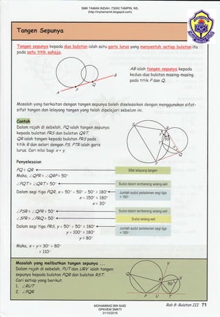qe hy
-.:,.v.' t.,a.:,aa ..,. :..,:.., -...
atiap lqjqtqn itu
:pullyq kepodo
mosing-mosing
rggunakon sifot-
,Q--*-./ t K
6.h i rrb., I
/ul  I
l, I
rl'-l
h",x'' /y- -r'/V^
,li
I
Ii
)
' V. , ,'.',,. , ,.. r ...., ,. ',-.:.,: :1
t'' .i.,l r' l:r:....': ,: .:: :.. .. .., .:::
f,'.::'.:. .i.,.: ::,. :..-.,: . ....:-..r..,.:.j t]
l. ,..t:t:, ...': ::.i :- .,., '.]',,.1
-11 -
50"/ ) I
ul_ |
rl
Tsngen sepunya kepodo due buiqtcn ioloh sstu genls_Lut1us yong rtxemyentuh setiap b itu
podo sstu_tafi k__EG hqjq.
ABialah tgngenr qe_punye kepodo
keduo-duo bulston mosing-mosing
poda titik P dan Q.
Mosoloh yong berkoiton dengontangen sepunyo boleh diselesoikon dengon menggunakon sifot-
sifot tongen don lelayangtongenyangtelah dipelojori sebelum ini.
Moko, ZQPR= LQRP=5Q"
lPQT=ZQRT=50"Sudutdalamtemberengselang-seli
Dolom segi tigo PQR, x+ 50" + 50" + 50' = 180"+- Jumlah sudut pedataman segitiga
x+ 150'= 180' = 180o
x= 30'
lP5R=1QPR=50oSudutdalamtemberengselang-seli
Sudut selang-seli
Jumlah sudut pedalaman segi tiga
= 180o
,,.,.' ,tp',' ":.,',U I.:tir: if
Bab 8: Bu/afan III 71
SMK TAMAN INDAH, 73000 TAMPIN, NS.
(http://myhemsmti.blogspot.com)
MOHAMMAD BIN SAID
GPKHEM SMKTI
31/10/2016
 
