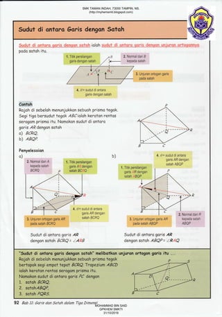 Sudut di ontaro Goris dengan Sotoh
pado sotoh itu
iolah
1. Titik persilangan
garis dengan satah
,t B 2. Normal dari B
kepada satah
3. Unjuran ortogan garis
pada satah
4. d= sudut di antara
garis dengan satah
Contoh
Rajoh di sebeloh menunjukkan sebuoh prismc tegok
Segi tigo bersudut tegak ABCialoh keroton rentos
serogom prisma itu. Namokon sudut di ontoro
garis AR dengan sotoh
a) BCRQ,
b) ABQP.
Penyelesaion
o)
2. Normal danA
kepada satah
BCRQ
b) 4. 9= sudut di antara
garis,4R dengan
satah ABQP
1. Titik persilangan
garis A, r dengan
satah BC "Q
Titik persilangan
garis R dengan
satah .BQP
P
3. Unjuran ortogan garis AR
pada satah BCRQ
sudut di antara
garis AR dengan
satah BCRQ
3. Unjuran ortogan garis AR
pada satah ABQP
2. Normal dari R
kepada satah
ABQP
Sudut di antaro garis AP
dengon sotoh BCPQ= ZA B
Sudut di ontoro garis AR
dengan sotoh ABQP= lP Q
"Sudut di ontoro goris dengon sotoh" melibotkon unjuron
Rojoh di sebeloh menunjukkon sebuoh prisma tegok
bertopok segi empat tepot BCPQ. Tropezium ABCD
ioloh keratan rentos serogom prismo itu..A
Nomokon sudut di ontoro garis PC dengon
1, SOtOh BCRQ,
2. satahABQP,
3. sotah PQRS. E
92 Bab 11: 6aris dan Safah dalam Tiga Dinensi
SMK TAMAN INDAH, 73000 TAMPIN, NS.
(http://myhemsmti.blogspot.com)
MOHAMMAD BIN SAID
GPKHEM SMKTI
31/10/2016
 