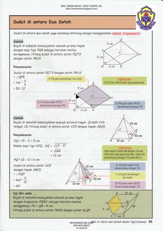 Sudut di ontor:o Duo Sotoh
Sudut di ontnro duo sotoh jugo lozimnyo dihitung dengan menggunokon nj_,fu[nr-fqryg.rn.e.tfi1
Contoh
Rajah di sebelah menunjukkon sebuoh prisrno tegak
dengon segi tigo PQR sebagoi kerctan rentos
serogamnyo. Hitung sudut di ontora sotah PQTS
dengon sotah PRUS.
Penye!esaian
Sudut di antoro sCItoh PQT"S dengan sotah PRUS
P
5cm
= LQPR
. -' 6
=TOh =5
= 50'12'
1, PS garis persilangan dua satah
rE&jA:J$!ry
PQIS dan PRUS ialah segi empat tepat.
3. PR pada satah PRUS
berserenjang dengan PS
ffifi.ti&iLtll
Oleh sebab Q ialah titik tengah CD dan
VCD ialah segitiga sama kaki, maka VQ
berserenjang dengan CD pada titik Q.
P
5cm
2. PQ pada satah P0IS
berserenjang dengan PS
Gl
d-t++
7Z cm
6cm
Contoh
Rajoh di sebalah manunjukkan sebuoh pir"omid tegok. Q ioioh titik
tengah CD. Hitung sudut di ontoro sotah VCD dengan tapok ABCD.
Penyelesoian
CQ=10+2=5cm
Dolom seEi tigo VCQ , VQ =
=
PQ=1?+2=6cm
Sudut di ontoro satah VCD
dengcn topok ABCD
= ZVQP
, -1 6
-k^<r_
T2
= 60'
Uji diri ando ...
Rajoh di sebeloh meunjukkon sebuoh prismo tegak
dengan tropeziurn PQRS sebagai keroton rentos
serogomnya. PS = QP: 9 cm.
Hitung sudut di ontoro sotoh PKNS dengan sotoh KLQP,
3. VQ pada satah VCD
berserenjang dengan CD
1. CD garis persilangan
dua satah
2. PQ pada satah ABCD
berserenjang dengan CD
6em P
B llcn C
132 -52
Bab 11; 6aris dan Safah dalam Tiga Dimensi 95
SMK TAMAN INDAH, 73000 TAMPIN, NS.
(http://myhemsmti.blogspot.com)
MOHAMMAD BIN SAID
GPKHEM SMKTI
31/10/2016
 