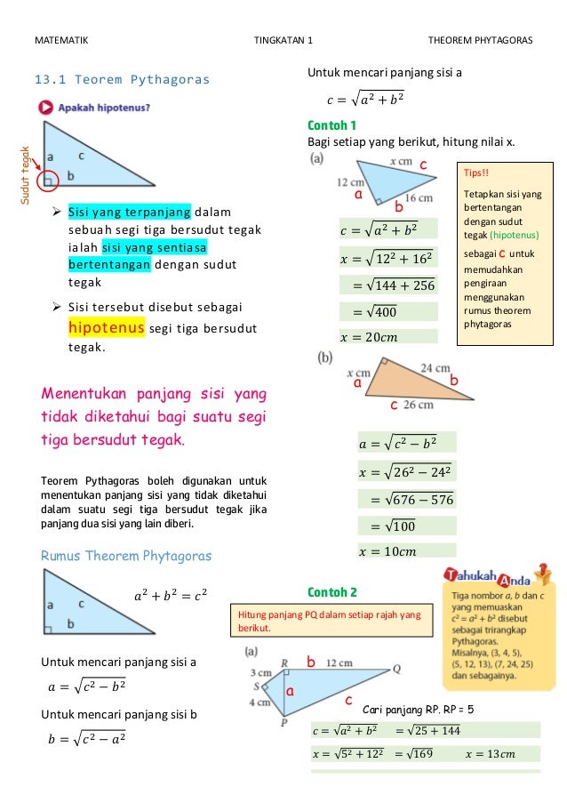 Nota Math F1 Bab 13 Theorem Phytagoras