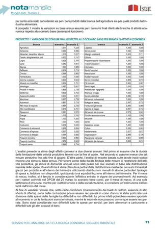 11SERVIZIO PER L’ANALISI DEI DATI E LA RICERCA ECONOMICA, SOCIALE E AMBIENTALE
MARZO 2020 Numero 3
per cento ed è stato considerato sia per i beni prodotti dalla branca dell’agricoltura sia per quelli prodotti dall’in-
dustria alimentare.
Il prospetto 1 mostra le variazioni su base annua assunte per i consumi finali riferiti alle branche di attività eco-
nomica rispetto allo scenario base (assenza di lockdown).
PROSPETTO 1. VARIAZIONI DEI CONSUMI FINALI RISPETTO ALLO SCENARIO BASE PER BRANCA DI ATTIVITÀ ECONOMICA
branca scenario 1 scenario 2 branca scenario 1 scenario 2
Agricoltura 1,011 1,029 Logistica 1,000 1,000
Estrazione 0,964 0,906 Servizi postali 1,000 1,000
Alimentari, bevande e tabacco 1,010 1,027 Alberghi e ristoranti 0,863 0,711
Tessile, abbigliamento e pelli 0,902 0,747 Editoria 1,000 1,000
Legno 0,909 0,764 Programmazione e trasmissione 1,000 1,000
Carta 0,982 0,954 Telecomunicazioni 1,000 1,000
Stampa 1,000 1,000 Informatica 1,000 1,000
Raffinerie 0,914 0,774 Servizi finanziari 1,000 1,000
Chimica 0,994 0,985 Assicurazioni 1,000 1,000
Farmaceutica 1,000 1,000 Ausiliari finanziari 1,000 1,000
Gomma e plastica 0,940 0,843 Servizi immobiliari 0,969 0,919
Minerali non metalliferi 0,904 0,751 Fitti imputati 0,995 0,987
Metallurgia 0,667 0,667 Servizi legali 1,000 1,000
Prodotti in metallo 0,899 0,738 Architettura e ingegneria 1,000 1,000
Elettronica 0,909 0,763 Ricerca e sviluppo 1,000 1,000
Apparecchi elettrici 0,935 0,831 Servizi pubblicitari 0,896 0,729
Macchinari 0,907 0,758 Altri servizi professionali 1,000 1,000
Autoveicoli 0,891 0,718 Noleggio e leasing 0,897 0,732
Altri mezzi di trasporto 0,894 0,725 Fornitura di personale 0,995 0,988
Altre manifatturiere 0,916 0,781 Agenzie di viaggio 0,897 0,732
Riparazioni 0,991 0,976 Altri servizi alle imprese 0,979 0,945
Energia 1,000 1,000 Pubblica amministrazione 1,000 1,000
Acqua 1,000 1,000 Istruzione 1,000 1,000
Rifiuti 1,000 1,000 Sanità 1,000 1,000
Costruzioni 0,938 0,840 Assistenza sociale 1,000 1,000
Commercio di autoveicoli 0,956 0,884 Cultura 0,836 0,683
Commercio all'ingrosso 0,937 0,835 Intrattenimento 0,837 0,672
Commercio al dettaglio 0,964 0,905 Organizzazioni 0,899 0,736
Trasporto terrestre 0,943 0,850 Riparazione computer 0,961 0,899
Trasporto marittimo 0,979 0,943 Altri servizi alla persona 0,928 0,812
Trasporto aereo 0,899 0,724
L’analisi prevede la stima degli effetti connessi a due diversi scenari. Nel primo si assume che la durata
della limitazione delle attività produttive termini con la fine di aprile. Nel secondo si assume invece che tali
misure perdurino fino alla fine di giugno. D’altra parte, l’analisi di impatto basata sulle tavole input-output
impone una stima su base annua. Per tenere conto della durata limitata delle misure di restrizione dell’atti-
vità produttiva, gli shock di domanda annuali sono stati pesati nei due scenari in base alla distribuzione
mensile delle spese. Quest’ultima è stata ottenuta a partire dalla distribuzione media dei consumi trimestrali
grezzi per prodotto e all’interno del trimestre utilizzando distribuzioni mensili di alcune particolari tipologie
di spesa e, laddove non disponibili, ipotizzando una equidistribuzione all’interno del trimestre. Per il mese
di marzo, inoltre, si è tenuto in considerazione l’effettiva entrata in vigore dei provvedimenti. Ad esempio
per i settori coinvolti nel DPCM del 25 marzo, lo scenario tiene conto, per il mese di marzo, di una sola
settimana di chiusura, mentre per i settori turistici e della socializzazione, si considera un’interruzione dell’at-
tività dall’inizio del mese.
Al fine di valutare l’ipotesi che, sotto certe condizioni (mantenimento dei livelli di reddito, assenza di altri
shock di offerta), parte della contrazione possa essere recuperata in corso d’anno, è stata ipotizzata una
divisione delle spese delle famiglie tra differibili e non differibili. Le prime infatti potrebbero essere spostate
al momento in cui le limitazioni siano terminate, mentre le seconde non possono comunque essere recupe-
rate. Sono state considerate non differibili tutte le spese per servizi, per beni alimentari e carburante e
differibili tutti gli altri acquisti di beni.
 