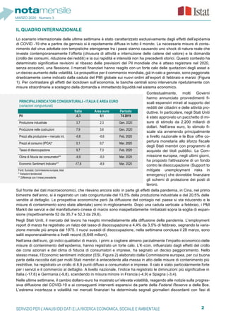 2SERVIZIO PER L’ANALISI DEI DATI E LA RICERCA ECONOMICA, SOCIALE E AMBIENTALE
MARZO 2020 Numero 3
IL QUADRO INTERNAZIONALE
Lo scenario internazionale delle ultime settimane è stato caratterizzato esclusivamente dagli effetti dell’epidemia
di COVID -19 che a partire da gennaio si è rapidamente diffusa in tutto il mondo. Le necessarie misure di conte-
nimento del virus adottate con tempistiche eterogenee tra i paesi stanno causando uno shock di natura reale che
investe contemporaneamente l’offerta (chiusura di attività e interruzione delle catene del valore) e la domanda
(crollo dei consumi, riduzione dei redditi) e la cui rapidità e intensità non ha precedenti storici. Questo contesto ha
determinato significative revisioni al ribasso delle previsioni del Pil mondiale che è atteso registrare nel 2020,
senza eccezioni, una flessione. I mercati finanziari hanno reagito con un forte calo delle quotazioni degli asset e
un deciso aumento della volatilità. Le prospettive per il commercio mondiale, già in calo a gennaio, sono peggiorate
drasticamente come indicato dalla caduta del PMI globale sui nuovi ordini all’export di febbraio e marzo (Figura
1). Per contrastare gli effetti del lockdown sull’economia, le banche centrali sono intervenute ripetutamente con
misure straordinarie a sostegno della domanda e immettendo liquidità nel sistema economico.
Contestualmente, molti Governi
hanno annunciato provvedimenti fi-
scali espansivi mirati al supporto dei
redditi dei cittadini e delle attività pro-
duttive. In particolare, negli Stati Uniti
è stato approvato un pacchetto di mi-
sure di stimolo da 2.200 miliardi di
dollari. Nell’area euro, lo stimolo fi-
scale sta avvenendo principalmente
a livello nazionale e la Bce offre co-
pertura monetaria allo sforzo fiscale
degli Stati membri con programmi di
acquisto dei titoli pubblici. La Com-
missione europea, negli ultimi giorni,
ha proposto l’attivazione di un fondo
contro la disoccupazione (Support to
mitigate unemployment risks in
emergency) che dovrebbe finanziare
gli schemi di protezione dei posti di
lavoro.
Sul fronte dei dati macroeconomici, che rilevano ancora solo in parte gli effetti della pandemia, in Cina, nel primo
bimestre dell’anno, si è registrato un calo congiunturale del 13,5% della produzione industriale e del 20,5% delle
vendite al dettaglio. Le prospettive economiche però (la diffusione del contagio nel paese si sta riducendo e le
misure di contenimento sono state allentate) sono in miglioramento. Dopo una caduta verticale a febbraio, i PMI
Markit dei servizi e del manifatturiero cinese di marzo sono inaspettatamente rimbalzati sopra la soglia di espan-
sione (rispettivamente 52 da 35,7 e 52,3 da 29,6).
Negli Stati Uniti, il mercato del lavoro ha reagito immediatamente alla diffusione della pandemia. L’employment
report di marzo ha registrato un rialzo del tasso di disoccupazione a 4,4% da 3,5% di febbraio, segnando la varia-
zione mensile più ampia dal 1975. I nuovi sussidi di disoccupazione, nella settimana conclusa il 28 marzo, sono
saliti esponenzialmente a livelli record (6,648 milioni).
Nell’area dell’euro, gli indici qualitativi di marzo, i primi a cogliere almeno parzialmente l’impatto economico delle
misure di contenimento dell’epidemia, hanno registrato un forte calo. L’€-coin, influenzato dagli effetti del crollo
dei corsi azionari e del clima di fiducia di consumatori e imprese, ha segnato un deciso peggioramento. Nello
stesso mese, l’Economic sentiment indicator (ESI, Figura 2) elaborato dalla Commissione europea, per cui buona
parte della raccolta dati per molti Stati membri è antecedente alla messa in atto delle misure di contenimento più
restrittive, ha registrato un crollo di 8,9 punti diffuso a consumatori e imprese. Il calo è stato particolarmente forte
per i servizi e il commercio al dettaglio. A livello nazionale, l’indice ha registrato le diminuzioni più significative in
Italia (-17,6) e Germania (-9,8), scendendo in misura minore in Francia (-4,9) e Spagna (-3,4).
Nelle ultime settimane, il cambio dollaro-euro ha mostrato un’elevata volatilità, reagendo alle notizie sulla progres-
siva diffusione del COVID-19 e ai conseguenti interventi espansivi da parte della Federal Reserve e della Bce.
L’estrema incertezza e volatilità nei mercati finanziari ha determinato segnali giornalieri discordanti con fasi di
PRINCIPALI INDICATORI CONGIUNTURALI - ITALIA E AREA EURO
(variazioni congiunturali)
Italia Area euro Periodo
Pil -0,3 0,1 T4 2019
Produzione industriale 3,7 2,3 Gen. 2020
Produzione nelle costruzioni 7,9 3,6 Gen. 2020
Prezzi alla produzione – mercato int. -0,6 -0,6 Feb. 2020
Prezzi al consumo (IPCA)* 0,1 0,7 Mar. 2020
Tasso di disoccupazione 9,7 7,3 Feb. 2020
Clima di fiducia dei consumatori** -9,9 -5,0 Mar. 2020
Economic Sentiment Indicator** -17,6 -8,9 Mar. 2020
Fonti: Eurostat, Commissione europea, Istat
* Variazioni tendenziali
** Differenze con il mese precedente
 
