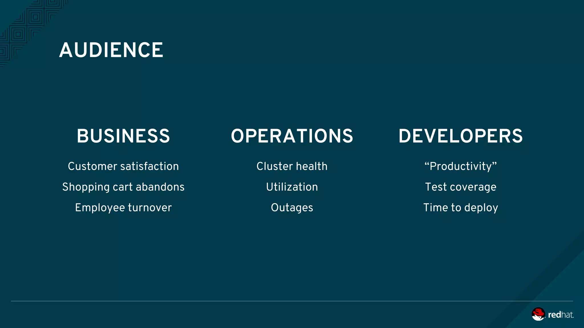 BUSINESS
Customer satisfaction
Shopping cart abandons
Employee turnover
OPERATIONS
Cluster health
Utilization
Outages
DEVELOPERS
“Productivity”
Test coverage
Time to deploy
AUDIENCE
 