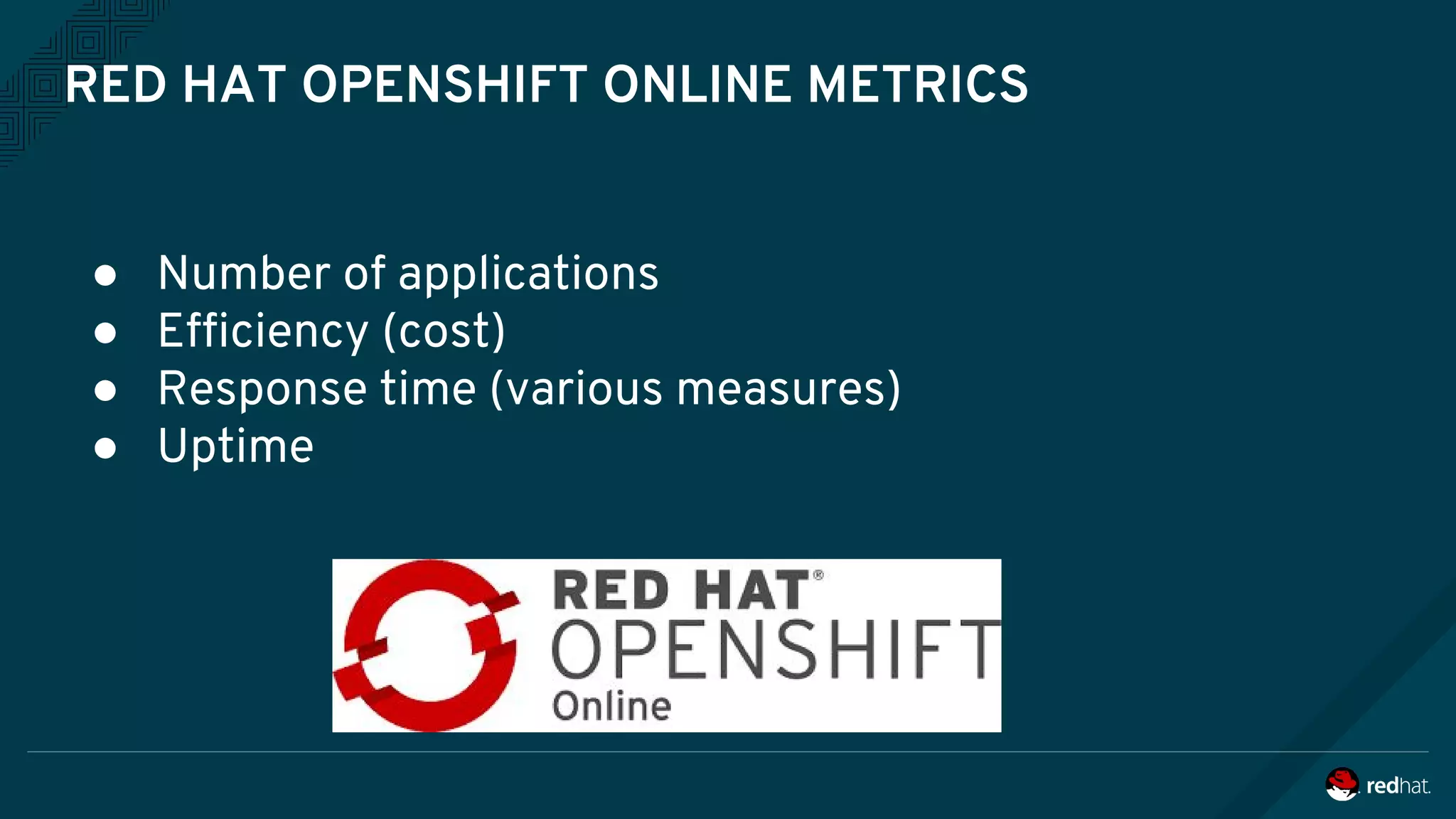RED HAT OPENSHIFT ONLINE METRICS
● Number of applications
● Efficiency (cost)
● Response time (various measures)
● Uptime
 