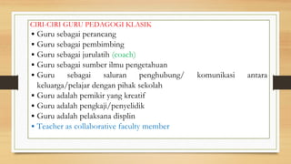 CIRI-CIRI GURU PEDAGOGI KLASIK
▪ Guru sebagai perancang
▪ Guru sebagai pembimbing
▪ Guru sebagai jurulatih (coach)
▪ Guru sebagai sumber ilmu pengetahuan
▪ Guru sebagai saluran penghubung/ komunikasi antara
keluarga/pelajar dengan pihak sekolah
▪ Guru adalah pemikir yang kreatif
▪ Guru adalah pengkaji/penyelidik
▪ Guru adalah pelaksana displin
▪ Teacher as collaborative faculty member
 