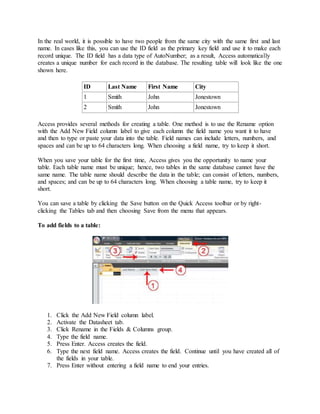 In the real world, it is possible to have two people from the same city with the same first and last 
name. In cases like this, you can use the ID field as the primary key field and use it to make each 
record unique. The ID field has a data type of AutoNumber; as a result, Access automatically 
creates a unique number for each record in the database. The resulting table will look like the one 
shown here. 
ID Last Name First Name City 
1 Smith John Jonestown 
2 Smith John Jonestown 
Access provides several methods for creating a table. One method is to use the Rename option 
with the Add New Field column label to give each column the field name you want it to have 
and then to type or paste your data into the table. Field names can include letters, numbers, and 
spaces and can be up to 64 characters long. When choosing a field name, try to keep it short. 
When you save your table for the first time, Access gives you the opportunity to name your 
table. Each table name must be unique; hence, two tables in the same database cannot have the 
same name. The table name should describe the data in the table; can consist of letters, numbers, 
and spaces; and can be up to 64 characters long. When choosing a table name, try to keep it 
short. 
You can save a table by clicking the Save button on the Quick Access toolbar or by right-clicking 
the Tables tab and then choosing Save from the menu that appears. 
To add fields to a table: 
1. Click the Add New Field column label. 
2. Activate the Datasheet tab. 
3. Click Rename in the Fields & Columns group. 
4. Type the field name. 
5. Press Enter. Access creates the field. 
6. Type the next field name. Access creates the field. Continue until you have created all of 
the fields in your table. 
7. Press Enter without entering a field name to end your entries. 
 