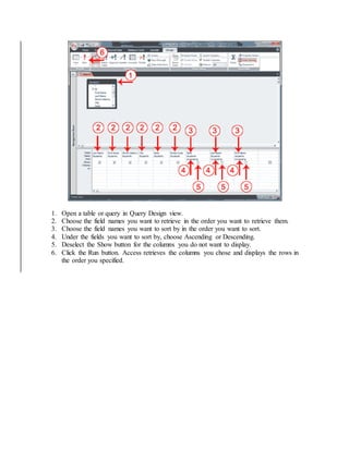 1. Open a table or query in Query Design view. 
2. Choose the field names you want to retrieve in the order you want to retrieve them. 
3. Choose the field names you want to sort by in the order you want to sort. 
4. Under the fields you want to sort by, choose Ascending or Descending. 
5. Deselect the Show button for the columns you do not want to display. 
6. Click the Run button. Access retrieves the columns you chose and displays the rows in 
the order you specified. 
 