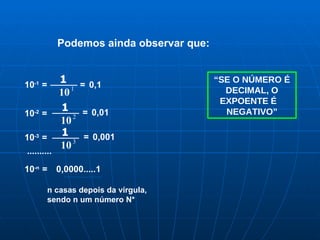 Podemos ainda observar que: 10 -2  = 10 -3  = .......... 10 -n  = 0,0000.....1 n casas depois da vírgula, sendo n um número N* “ SE O NÚMERO É DECIMAL, O EXPOENTE É  NEGATIVO” 10 -1  = =  0,1 =  0,001 =  0,01 ___ 10 2 1 ___ 10 1 1 ___ 10 3 1 