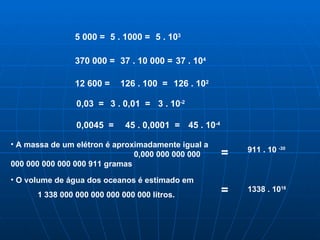 5 000 =  5 . 1000 =  5 . 10 3   370 000 =  37 . 10 000 =  37 . 10 4   12 600 =  126 . 100  =  126 . 10 2   0,03  =  3 . 0,01  =  3 . 10 -2   0,0045  =  45 . 0,0001  =  45 . 10 -4   A massa de um elétron é aproximadamente igual a  0,000 000 000 000 000 000 000 000 000 911 gramas  911 . 10  -30 = O volume de água dos oceanos é estimado em  1 338 000 000 000 000 000 000 litros.  = 1338 . 10 18 