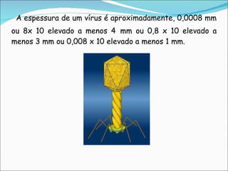     A espessura de um vírus é aproximadamente, 0,0008 mm ou 8x 10 elevado a menos 4  mm ou 0,8 x 10 elevado a menos 3 mm ou 0,008 x 10 elevado a menos 1 mm. 