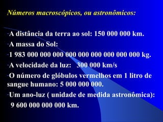 Números macroscópicos, ou astronômicos:
-A distância da terra ao sol: 150 000 000 km.
-A massa do Sol:
-1 983 000 000 000 000 000 000 000 000 000 kg.
-A velocidade da luz: 300 000 km/s
-O número de glóbulos vermelhos em 1 litro de
sangue humano: 5 000 000 000.
-Um ano-luz ( unidade de medida astronômica):
9 600 000 000 000 km.
 