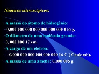 Números microscópicos:
-A massa do átomo de hidrogênio:
- 0,000 000 000 000 000 000 000 016 g.
-O diâmetro de uma molécula grande:
-0, 000 000 17 cm.
-A carga de um elétron:
- - 0,000 000 000 000 000 000 16 C ( Coulomb).
-A massa de uma ameba: 0,000 005 g.
 