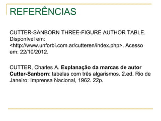 REFERÊNCIAS

CUTTER, Richard A. Cutter-Sanborn three-figure author
table: how to use the Cutter-Sanborn table. Disponível ...