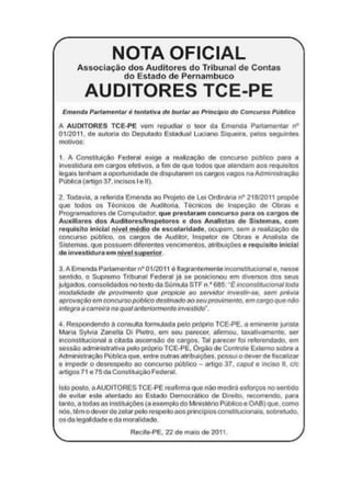 Nota oficial dos auditores do TCE-PE