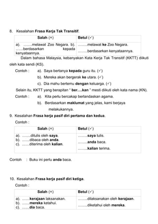 8. Kesalahan Frasa Kerja Tak Transitif.
                Salah (O)               Betul (P)
   a). …….melawat Zoo Negara. b)...