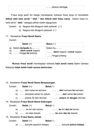 ……..dibaca olehnya.


     Frasa kerja pasif diri ketiga menetapkan bahawa frasa kerja ini hendaklah
diikuti oleh kata sen...