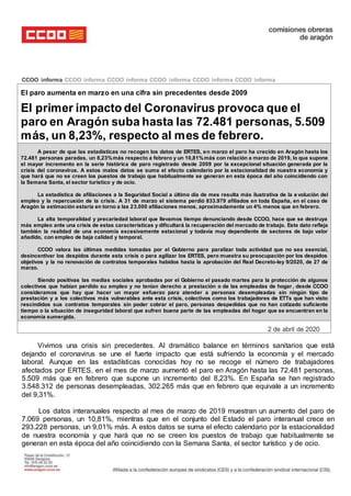 CCOO informa CCOO informa CCOO informa CCOO informa CCOO informa CCOO informa
El paro aumenta en marzo en una cifra sin precedentes desde 2009
El primer impacto del Coronavirus provoca que el
paro en Aragón suba hasta las 72.481 personas, 5.509
más, un 8,23%, respecto al mes de febrero.
A pesar de que las estadísticas no recogen los datos de ERTES, en marzo el paro ha crecido en Aragón hasta los
72.481 personas paradas, un 8,23%más respecto a febrero y un 10,81%más con relación a marzo de 2019, lo que supone
el mayor incremento en la serie histórica de paro registrado desde 2009 por la excepcional situación generada por la
crisis del coronavirus. A estos malos datos se suma el efecto calendario por la estacionalidad de nuestra economía y
que hará que no se creen los puestos de trabajo que habitualmente se generan en esta época del año coincidiendo con
la Semana Santa, el sector turístico y de ocio.
La estadística de afiliaciones a la Seguridad Social a último día de mes resulta más ilustrativa de la e volución del
empleo y la repercusión de la crisis. A 31 de marzo el sistema perdió 833.979 afiliados en toda España, en el caso de
Aragón la estimación estaría en torno a las 23.000 afiliaciones menos, aproximadamente un 4% menos que en febrero.
La alta temporalidad y precariedad laboral que llevamos tiempo denunciando desde CCOO, hace que se destruya
más empleo ante una crisis de estas características y dificultará la recuperación del mercado de trabajo. Este dato refleja
también la realidad de una economía excesivamente estacional y todavía muy dependiente de sectores de bajo valor
añadido, con empleo de baja calidad y temporal.
CCOO valora las últimas medidas tomadas por el Gobierno para paralizar toda actividad que no sea esencial,
desincentivar los despidos durante esta crisis o para agilizar los ERTES, pero muestra su preocupación por los despidos
objetivos y la no renovación de contratos temporales habidos hasta la aprobación del Real Decreto-ley 9/2020, de 27 de
marzo.
Siendo positivas las medias sociales aprobadas por el Gobierno el pasado martes para la protección de algunos
colectivos que habían perdido su empleo y no tenían derecho a prestación o de las empleadas de hogar , desde CCOO
consideramos que hay que hacer un mayor esfuerzo para atender a personas desempleadas sin ningún tipo de
prestación y a los colectivos más vulnerables ante esta crisis, colectivos como los trabajadores de ETTs que han visto
rescindidos sus contratos temporales sin poder cobrar el paro, personas despedidas que no han cotizado suficiente
tiempo o la situación de inseguridad laboral que sufren buena parte de las empleadas del hogar que se encuentran en la
economía sumergida.
2 de abril de 2020
Vivimos una crisis sin precedentes. Al dramático balance en términos sanitarios que está
dejando el coronavirus se une el fuerte impacto que está sufriendo la economía y el mercado
laboral. Aunque en las estadísticas conocidas hoy no se recoge el número de trabajadores
afectados por ERTES, en el mes de marzo aumentó el paro en Aragón hasta las 72.481 personas,
5.509 más que en febrero que supone un incremento del 8,23%. En España se han registrado
3.548.312 de personas desempleadas, 302.265 más que en febrero que equivale a un incremento
del 9,31%.
Los datos interanuales respecto al mes de marzo de 2019 muestran un aumento del paro de
7.069 personas, un 10,81%, mientras que en el conjunto del Estado el paro interanual crece en
293.228 personas, un 9,01% más. A estos datos se suma el efecto calendario por la estacionalidad
de nuestra economía y que hará que no se creen los puestos de trabajo que habitualmente se
generan en esta época del año coincidiendo con la Semana Santa, el sector turístico y de ocio.
 
