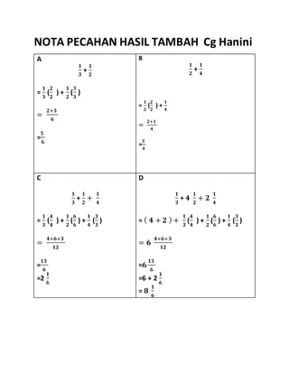 NOTA PECAHAN HASIL TAMBAH Cg Hanini
A
𝟏
𝟑
+
𝟏
𝟐
=
𝟏
𝟑
(
𝟐
𝟐
) +
𝟏
𝟐
(
𝟑
𝟑
)
=
𝟐+𝟑
𝟔
=
𝟓
𝟔
B
𝟏
𝟐
+
𝟏
𝟒
=
𝟏
𝟐
(
𝟐
𝟐
) +
𝟏
𝟒
=
𝟐+𝟏
𝟒
=
𝟑
𝟒
C
𝟏
𝟑
+
𝟏
𝟐
+
𝟏
𝟒
=
𝟏
𝟑
(
𝟒
𝟒
) +
𝟏
𝟐
(
𝟔
𝟔
) +
𝟏
𝟒
(
𝟑
𝟑
)
=
𝟒+𝟔+𝟑
𝟏𝟐
=
𝟏𝟑
𝟔
=2
𝟏
𝟔
D
𝟏
𝟑
+ 𝟒
𝟏
𝟐
+ 𝟐
𝟏
𝟒
= ( 𝟒 + 𝟐 ) +
𝟏
𝟑
(
𝟒
𝟒
) +
𝟏
𝟐
(
𝟔
𝟔
) +
𝟏
𝟒
(
𝟑
𝟑
)
= 𝟔
𝟒+𝟔+𝟑
𝟏𝟐
=𝟔
𝟏𝟑
𝟔
=6 + 2
𝟏
𝟔
= 𝟖
𝟏
𝟔
 